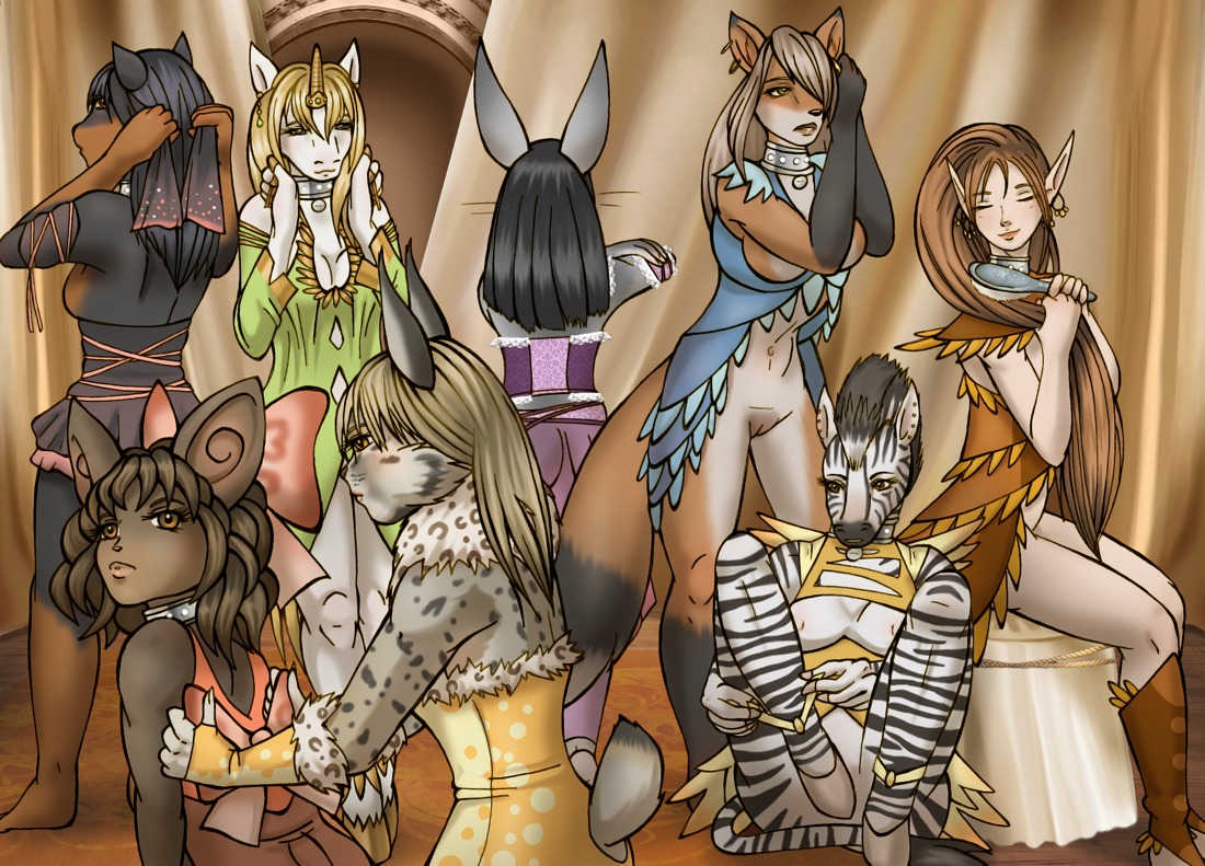 accessory anthro black_hair blonde_hair bottomless bottomwear bow_(feature) bow_accessory bow_ribbon breasts brown_hair brush brushing brushing_hair canid canine canis clothed clothing collar corset dipstick_tail domestic_dog dressing e621 elf equid equine fates_of_the_unicorns felid female fox furniture genitals group hair hair_accessory hair_bow hair_ribbon hairbrush harem harem_outfit horn humanoid lagomorph leporid lingerie mammal markings mouse murid murine mythological_creature mythological_equine mythology nipples personal_grooming rabbit ribbons rodent skimpy skirt slave stripes styling_hair table tail tail_markings topwear undressing unicorn vaporeon249 vulva zebra