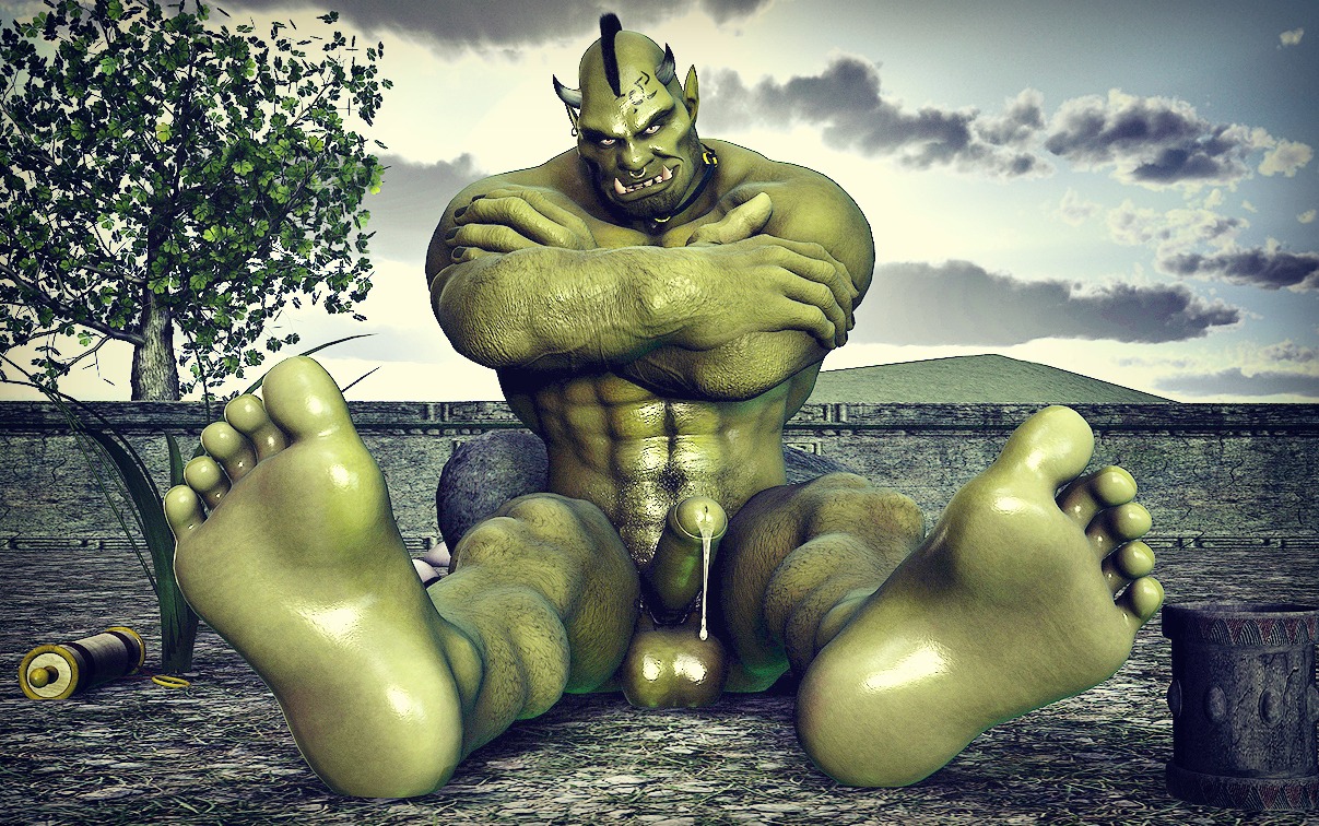 2014 3d_(artwork) 5_fingers 5_toes abs balls bodily_fluids cloud darkviperbara digital_media_(artwork) e621 erection facial_piercing feet fingers foot_focus genital_fluids genitals grass green_body green_skin hair hindpaw horn humanoid humanoid_feet humanoid_genitalia humanoid_penis humanoid_pointy_ears male muscular muscular_humanoid muscular_male nose_piercing nose_ring not_furry nude orc outside paws penis piercing plant plantigrade pointy_ears precum presenting ring_piercing scroll septum_piercing solo toes tree tusks