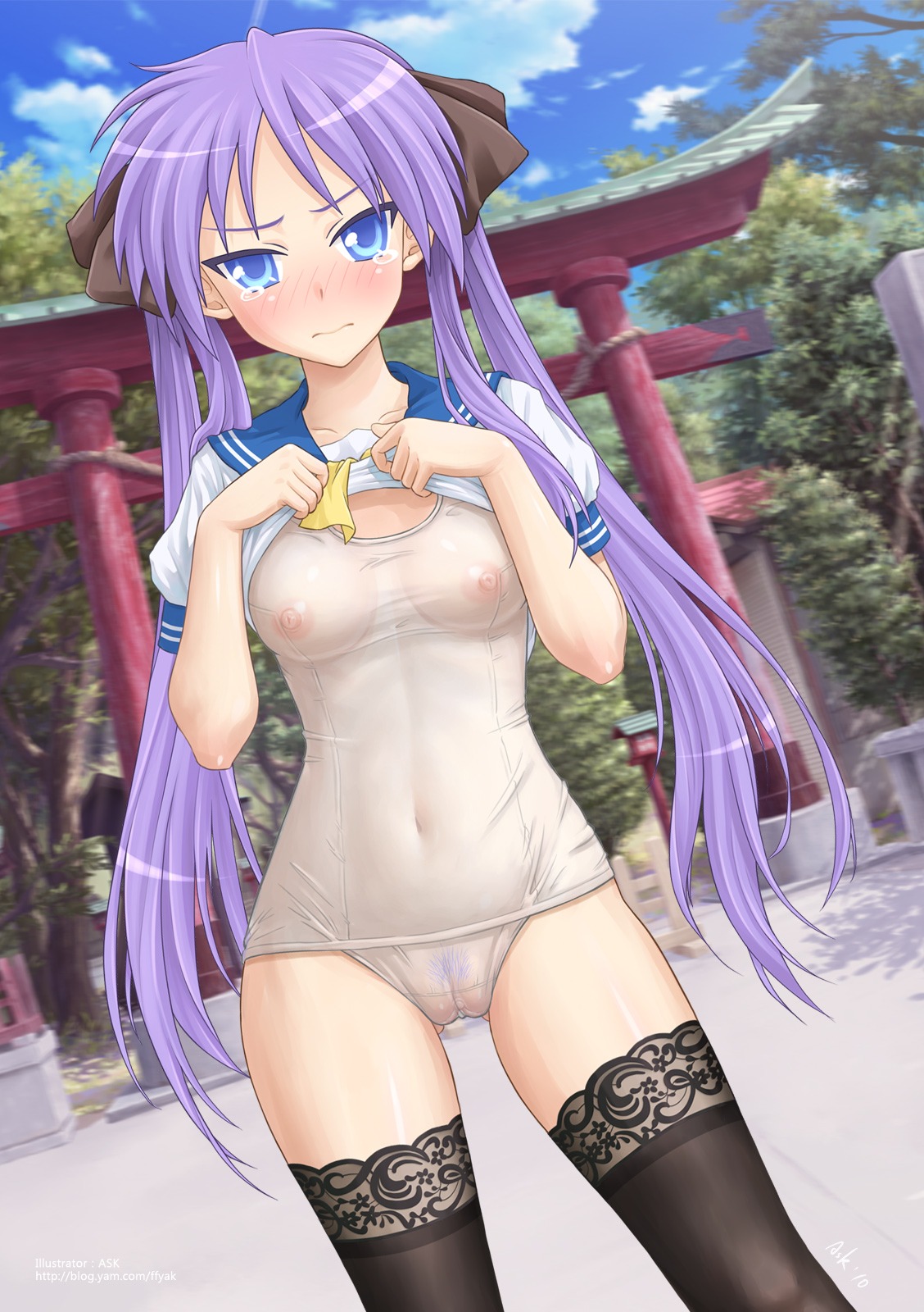 blush breasts clitoris female female_only ffyak highres human kagami_hiiragi long_hair looking_at_viewer lucky_star nipples outdoors pubic_hair purple_hair pussy rule34 ryouou_school_uniform see-through shirt_lift solo swimsuit tear thighhighs tied_hair twintails uncensored