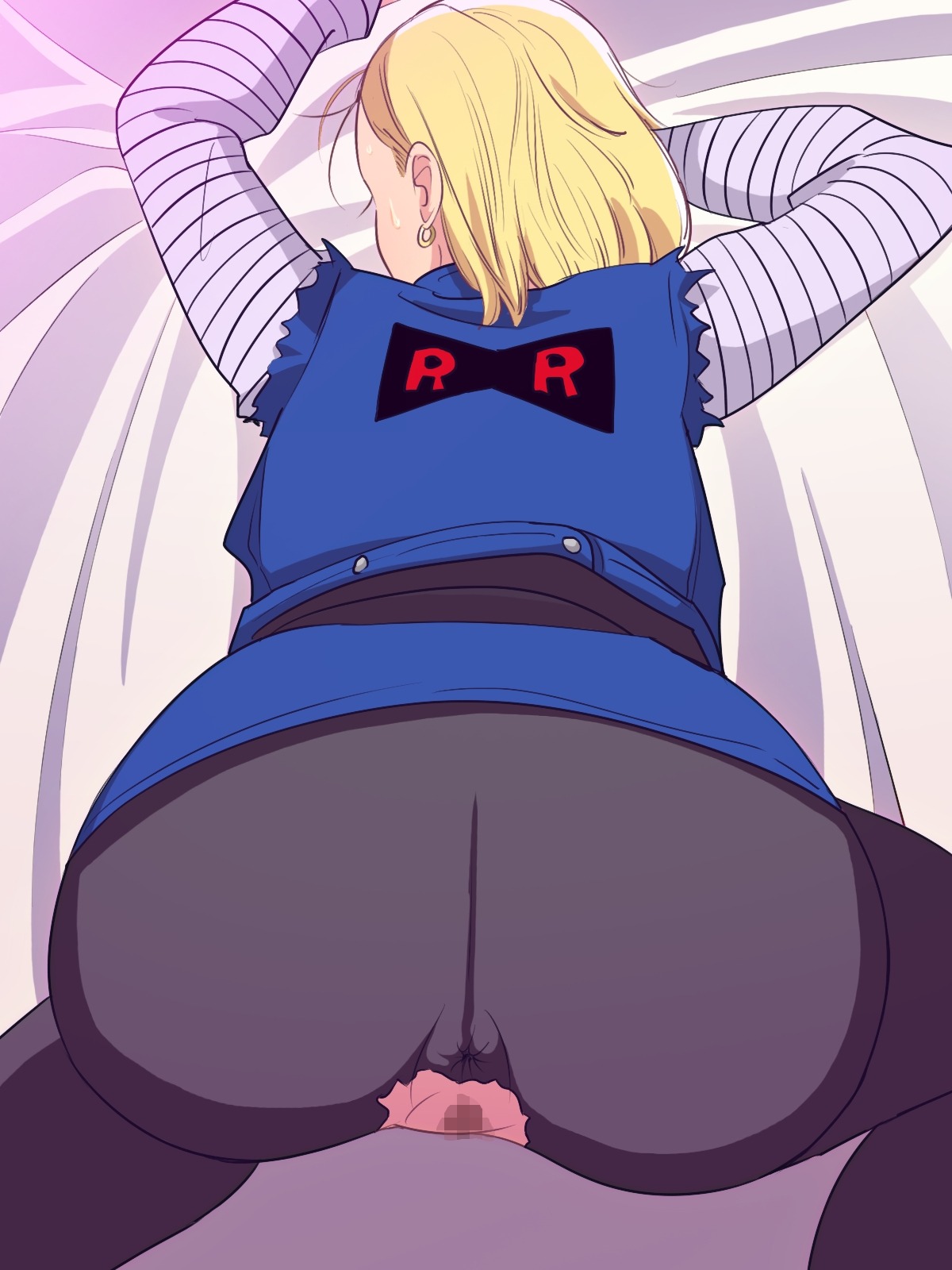 all_fours android_18 anus ass back bed blonde_hair censored dragon_ball dragon_ball_z earrings erodon_hearts female female_only huge_ass human jacket no_panties pussy rule34 short_hair skirt solo straight_hair sweat torn_clothes