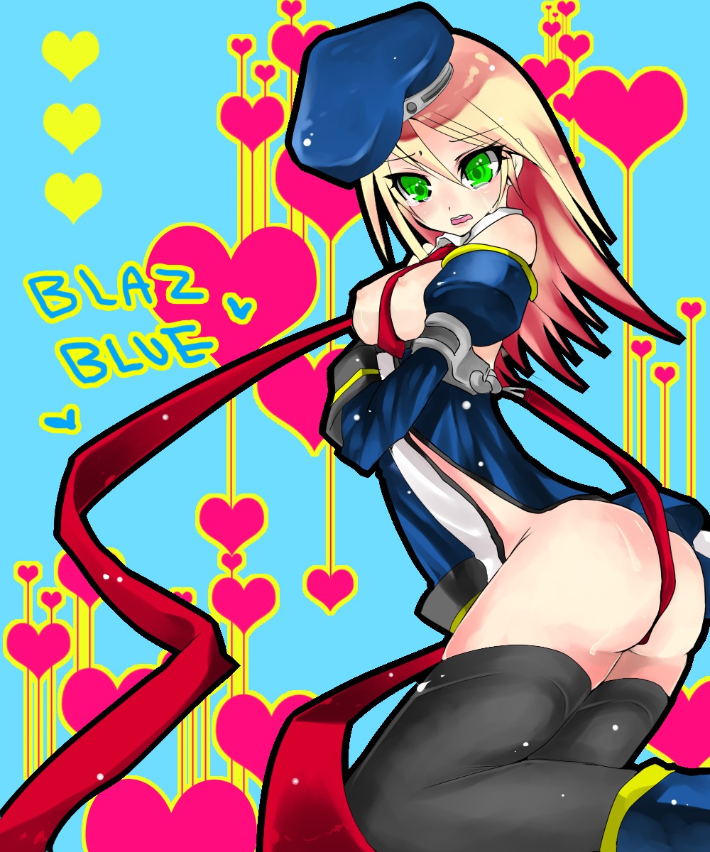 akira_kichi ayakichi beret black_legwear black_thighhighs blazblue blonde_hair breasts detached_sleeves female gloves green_eyes hat highres nipples no_bra no_panties noel_vermillion open_clothes open_shirt ribbon rule34 shirt sweat tear thighhighs title_drop