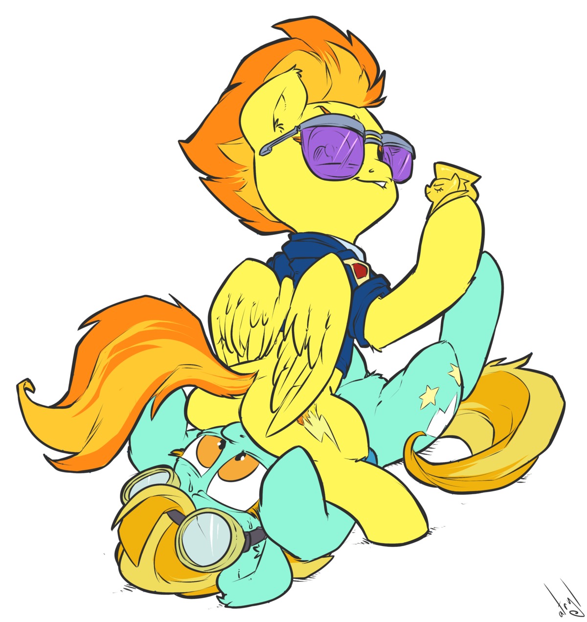 2013 atryl clothing cutie_mark digital_media_(artwork) duo e621 equid equine eyewear feathered_wings feathers female feral friendship_is_magic hair hasbro hi_res horse lightning_dust_(mlp) lying mammal my_little_pony mythological_creature mythological_equine mythology on_back orange_hair pegasus pony simple_background spitfire_(mlp) tail white_background wings wonderbolts_(mlp) yellow_body yellow_feathers