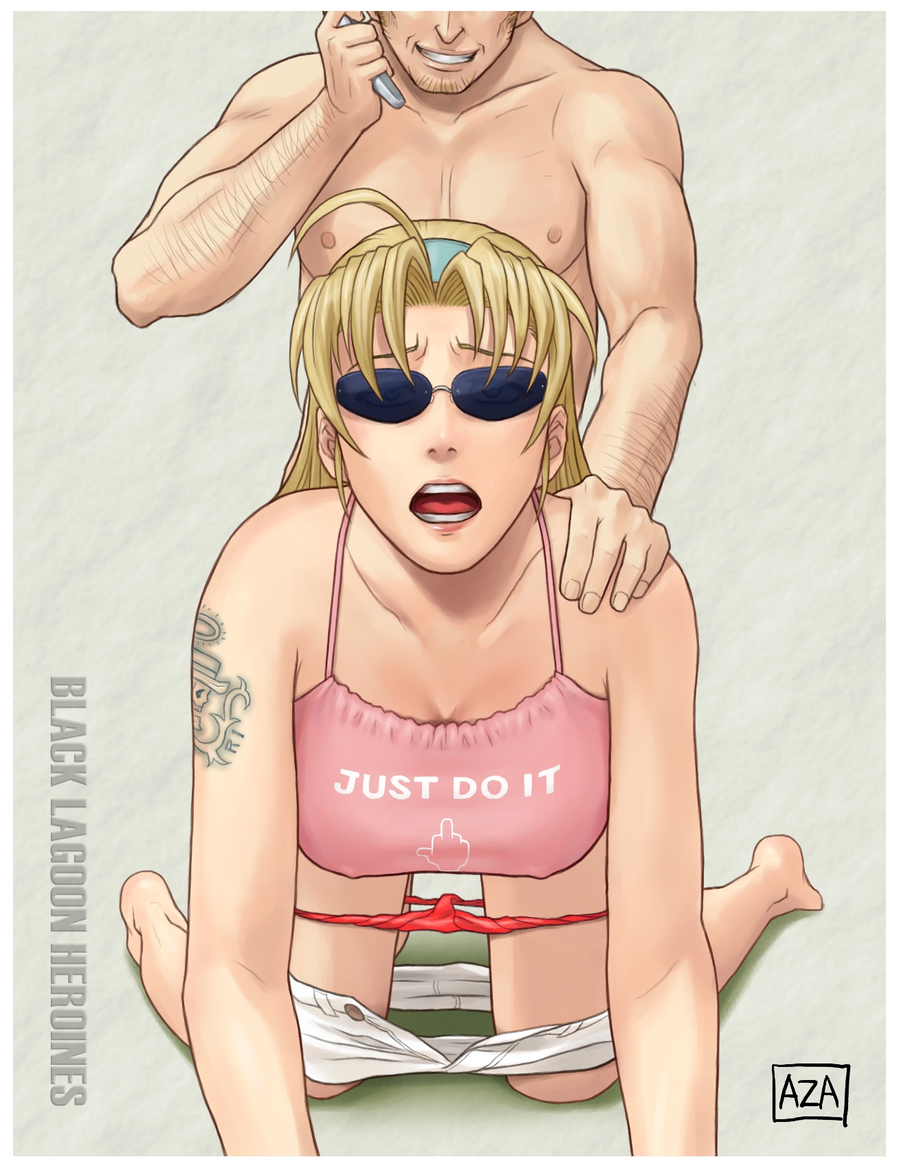 ahoge all_fours azasuke black_lagoon blonde_hair blue-tinted_eyewear doggy_style eda erect_nipples hairband hairy hairy_male highres long_hair male miniskirt nipples open_mouth panties panty_pull rule34 sex shorts sunglasses tank_top tattoo tinted_eyewear underwear