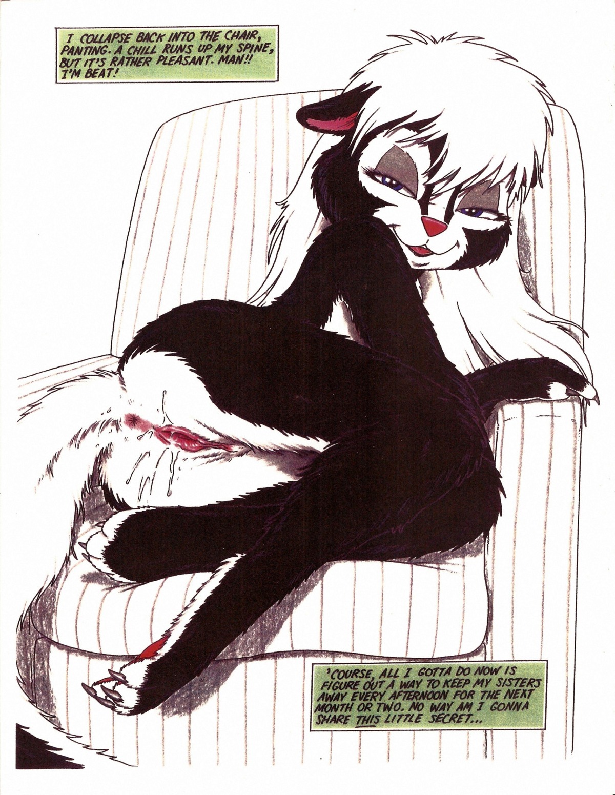 1998 4_toes absurd_res anthro anus biped bodily_fluids chair claws e621 feet female female_anthro furniture genital_fluids genitals hi_res james_m_hardiman mammal mephitid messy natasha_(jmh) nude pawpads pink_pawpads recliner sitting skunk solo tail tail_anus toes vaginal_fluids vulva