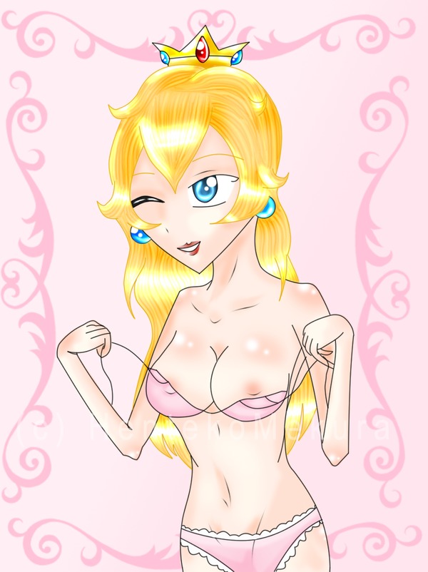 artist_request breasts clothes color crown ear_piercing female female_only front_view human mario_(series) nintendo nipples piercing princess_peach rule34 solo straight_hair tagme wink