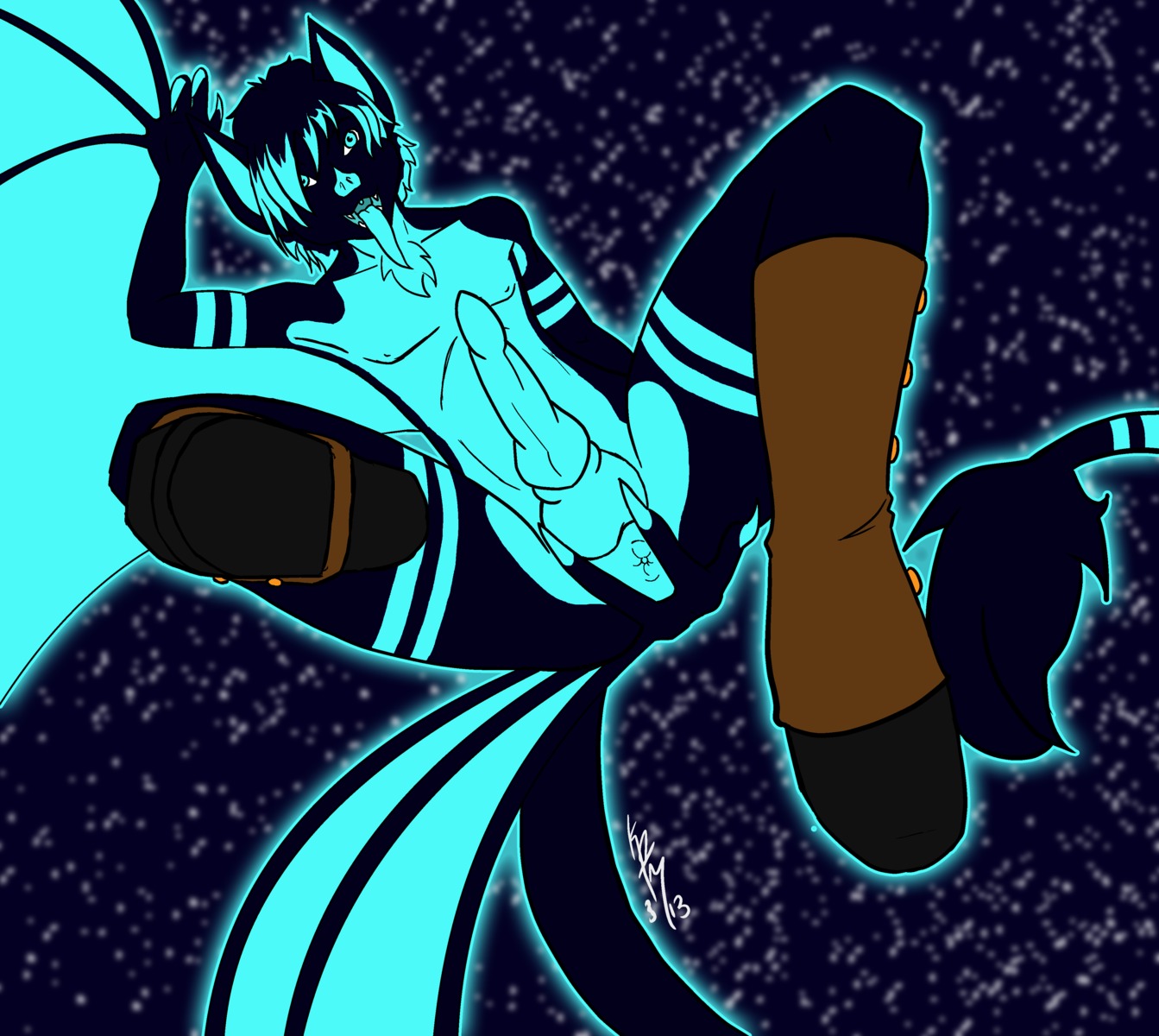 2013 absurd_res anthro anus balls bat biped blue_body blue_eyes blue_skin boots chest_tuft claws clothing digital_media_(artwork) e621 erection fangs footwear fur genitals glowing glowing_anus glowing_balls glowing_genitalia glowing_penis glowing_tongue hair hi_res keisha_makainn leather leather_boots leather_clothing leather_footwear legs_up long_tail looking_at_viewer lying male mammal membrane_(anatomy) membranous_wings night nude on_back open_mouth penis shoes solo spread_anus spreading star stripes tail tail_tuft teeth theglowingbat tongue tongue_out tuft winged_arms wings