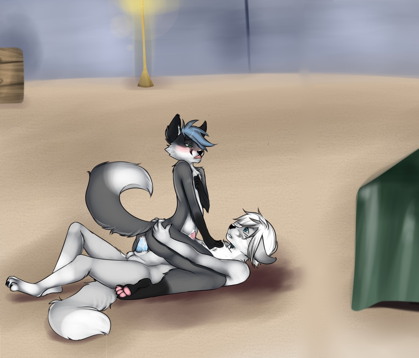anthro arctic_fox balls bed bedroom blue_eyes blue_hair blue_penis blush bodily_fluids butt canid canine cowgirl_position cum cum_in_ass cum_inside cum_on_penis dipstick_tail duo e621 erection eye_contact fluffy fox from_front_position fur furniture genital_fluids genitals green_eyes grey_body grey_fox grey_fur hair hand_on_chest hi_res hip_grab inside kiwi_fox kneeling laara lamp looking_at_another lying male male/male male_on_bottom male_on_top male_penetrated male_penetrating male_penetrating_male mammal markings nude on_back on_bottom on_ground on_top open_mouth pawpads paws penetration penis sex shallow_penetration straddling tail tail_markings takum thick_thighs true_fox urocyon whiskers white_body white_fur