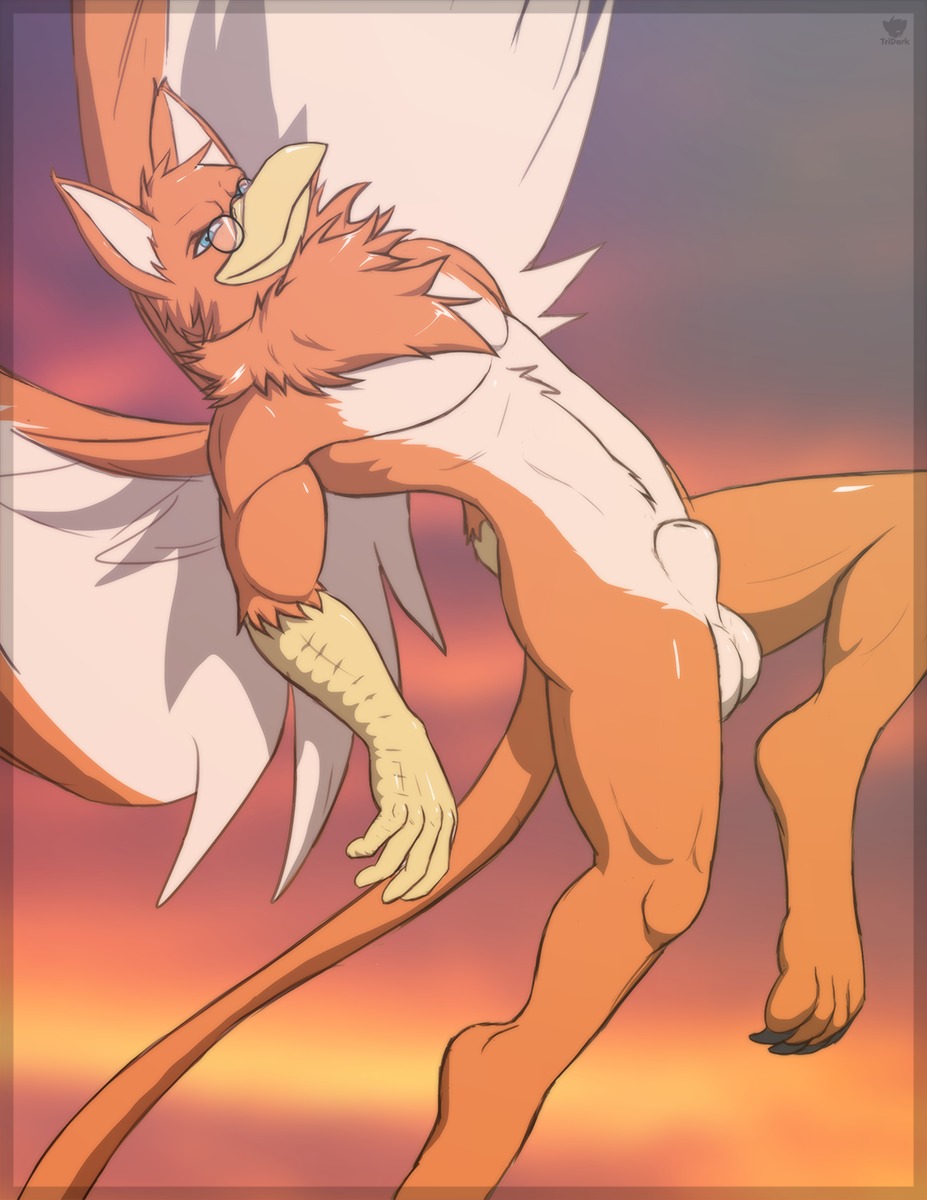 2014 anthro avian balls beak blue_eyes chest_tuft e621 eyewear feathered_wings feathers fur genitals glasses gryphon hi_res keishou_(cheeseman111) looking_at_viewer male mythological_avian mythological_creature mythology nude orange_body orange_fur solo tail tridark tuft wings