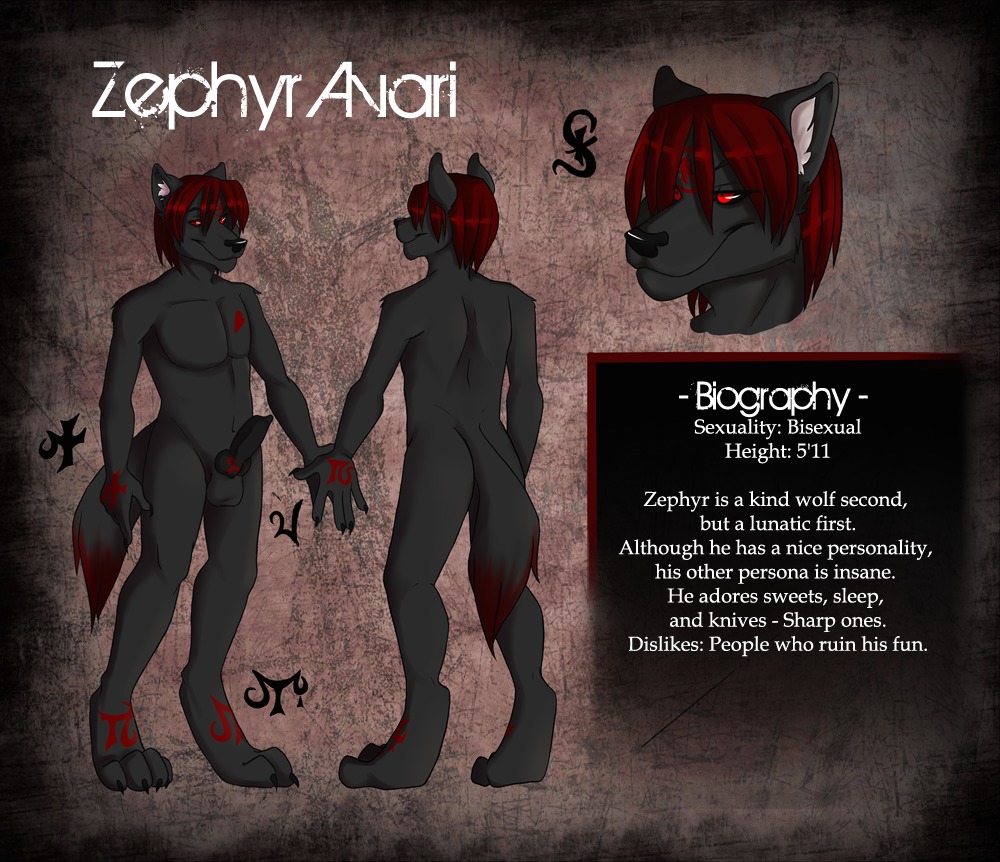 anthro balls biped canid canine canis claws e621 english_text erection genitals hair knot male mammal model_sheet nude penis runes sinto smile solo text wolf zephyr_avari