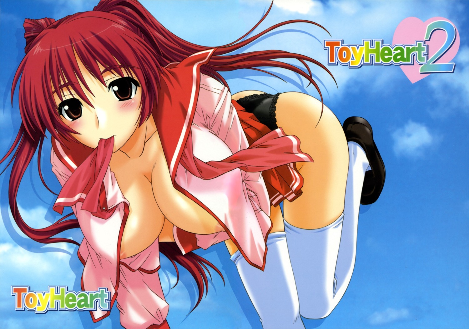 1girls black_panties blouse blush breasts brown_eyes clothing female highres kousaka_tamaki lace-trimmed_panties large_breasts long_hair miniskirt mouth_hold neckerchief open_clothes open_shirt panties pleated_skirt red_hair rule34 school_uniform serafuku shirt shoes skirt solo stockings thighhighs to_heart_(series) to_heart_2 underwear wallpaper white_legwear white_thighhighs
