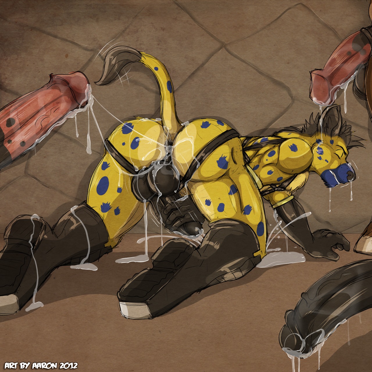 1:1 2012 aaron_(artist) after_sex all_fours animal_genitalia animal_penis anthro anus backsack balls biceps big_penis black_nose black_penis blue_body blue_fur bodily_fluids bondage_gear boots brown_body brown_fur butt clothing cum cum_in_ass cum_inside cum_on_balls cum_on_butt cum_on_face cum_on_ground cum_on_hand cum_on_penis cum_string cumshot digital_media_(artwork) disembodied_penis dripping e621 ejaculation equine_genitalia equine_penis erection eyes_closed faceless_character faceless_male footwear fur gangbang genital_fluids genitals gloves group group_sex handwear hi_res humanoid_genitalia humanoid_penis hyena leaking leather male male/male mammal markings masturbation messy muscular nude orgasm penile penile_masturbation penis presenting raised_tail sex shoes solo_focus spots spotted_hyena tail vein yellow_body yellow_fur