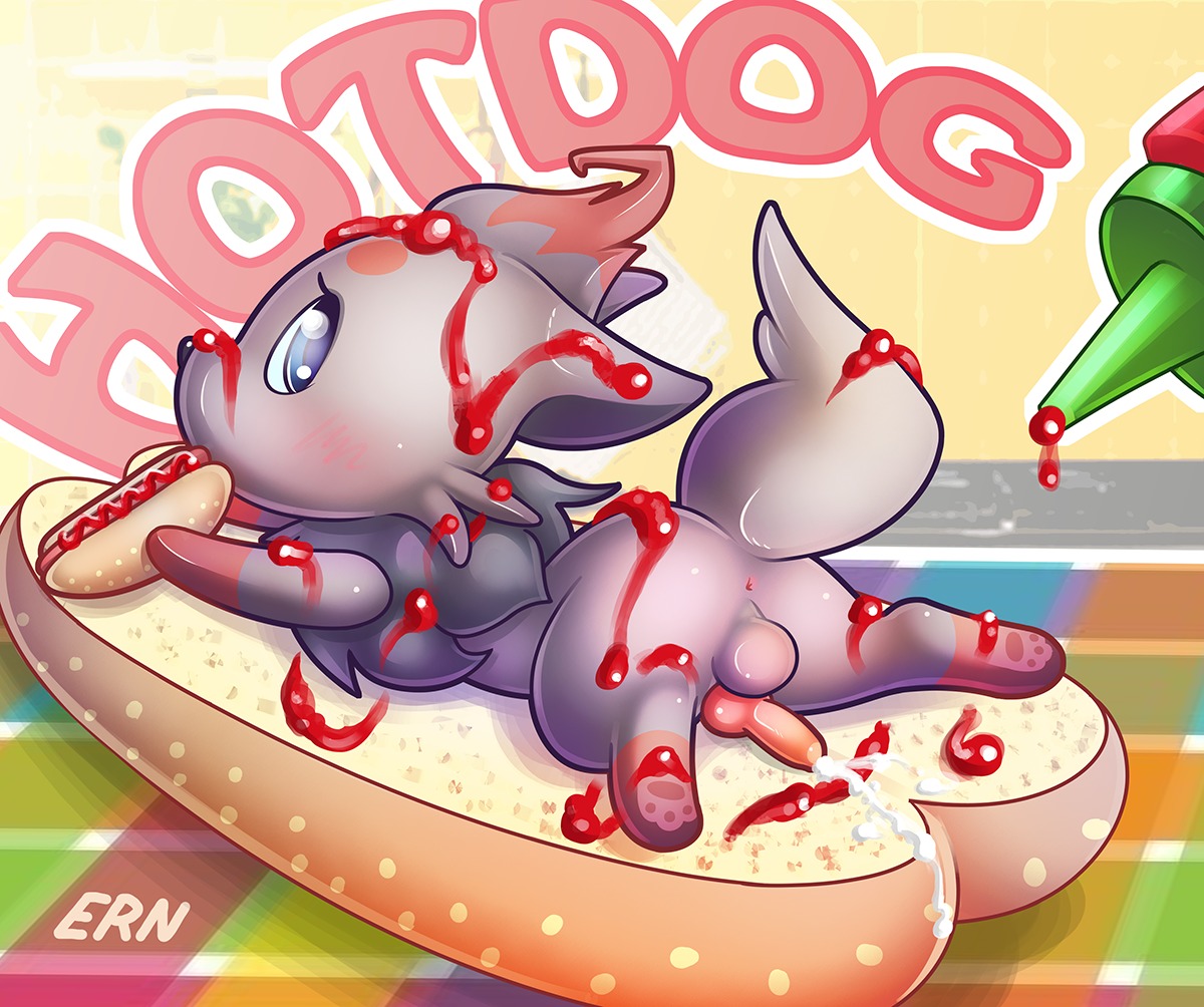 2014 anus b-ern backsack balls barefoot blue_eyes blush bodily_fluids bread butt canid canine cum e621 eating english_text erection feet feral food fur generation_5_pokemon genital_fluids genitals hot_dog ketchup knot looking_back lying male mammal messy micro nintendo nude on_front pawpads paws penis penis_backwards pokemon pokemon_(species) presenting presenting_hindquarters solo spread_legs spreading text zorua