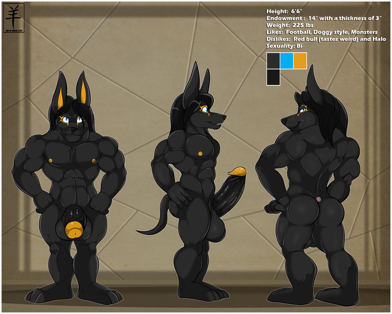 2013 aaron_(artist) abs animal_genitalia anthro anubian_jackal anus athletic backsack balls biceps big_balls big_butt big_muscles big_penis biped black_body black_fur black_hair black_nose black_penis blue_eyes bodily_fluids border butt canid canine canis digital_media_(artwork) e621 english_text erection fur genital_fluids genitals grin hair humanoid_genitalia humanoid_penis jackal kimba_(character) long_hair looking_at_viewer looking_back male mammal model_sheet muscular muscular_anthro muscular_male nipples nude pecs penis pose precum presenting presenting_hindquarters sheath side_view smile solo standing text turnaround vein white_border yellow_nipples