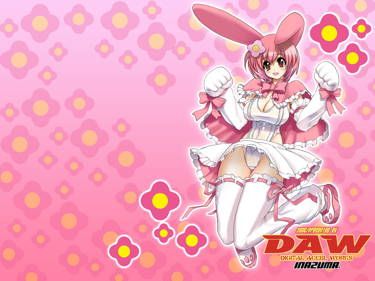 breasts bunny_ears bunnygirl_outfit cleavage daw female flower inazuma pink_hair ribbon rule34 tagme upskirt wallpaper