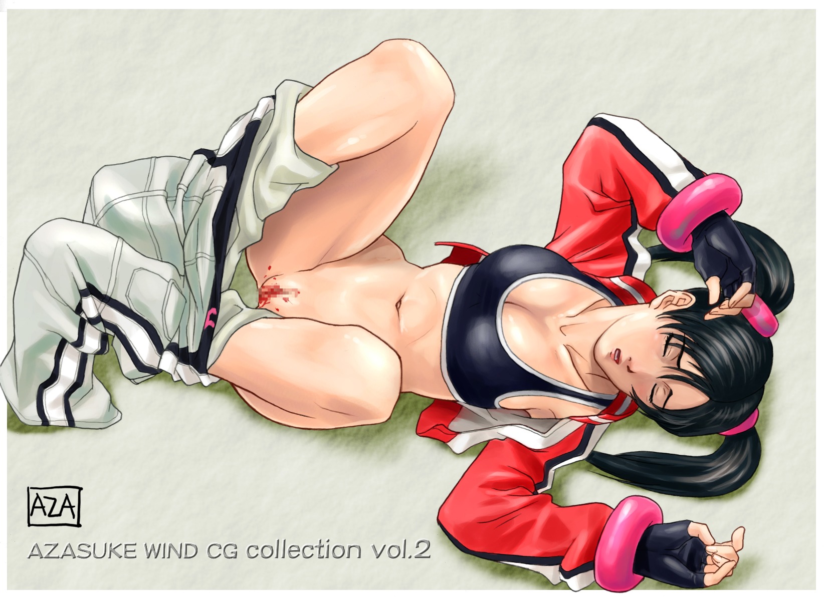 azasuke bikini_top black_hair blush brown_eyes censored female highres ling_xiaoyu no_panties pants_down pussy rule34 tekken tied_hair twintails