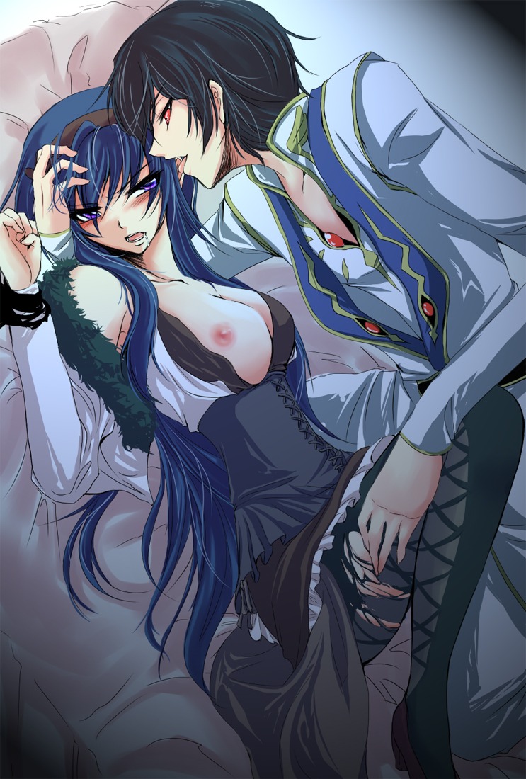 blush breast_slip breasts code_geass crossover female geass himemiya_chikane imminent_rape kannazuki_no_miko large_breasts lelouch_lamperouge nipples one_breast_out open_clothes open_mouth pantyhose purple_eyes red_eyes redblood rule34 saliva straight torn_clothes torn_pantyhose