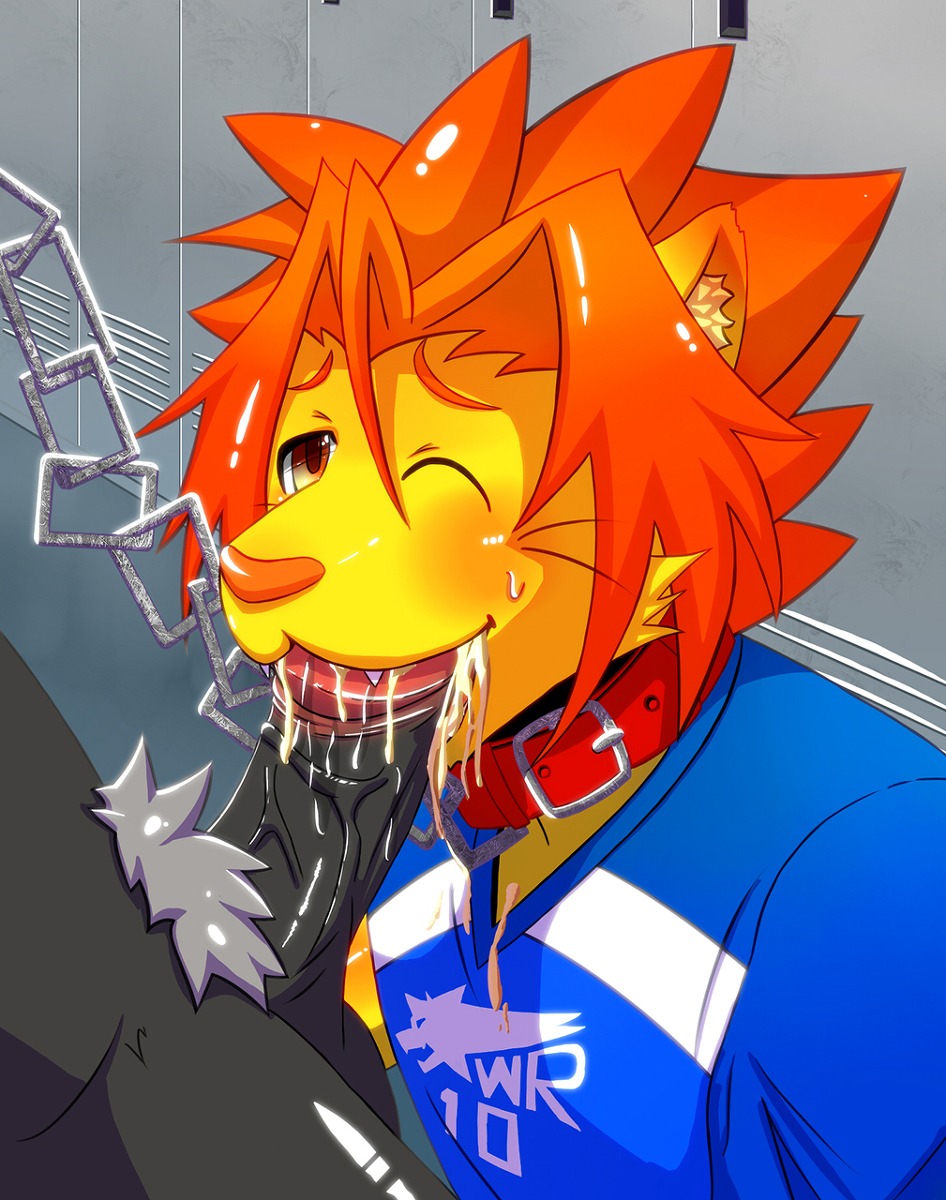adolescent amber_eyes balls black_penis blush bodily_fluids bound chain chain_leash clothing collar cum cum_drip cum_in_mouth cum_inside dominant dominant_male dripping duo e621 erection faceless_character faceless_male fangs felid fellatio genital_fluids genitals glistening grey_hair hair hi_res humanoid_genitalia humanoid_penis leash lion looking_up male male/male male_penetrated male_penetrating male_penetrating_male mammal morenatsu nako one_eye_closed oral oral_penetration orange_hair pantherine penetration penile penis pubes sex sharp_teeth shirt soutarou_touno submissive submissive_male sweat teeth topwear vein veiny_penis young