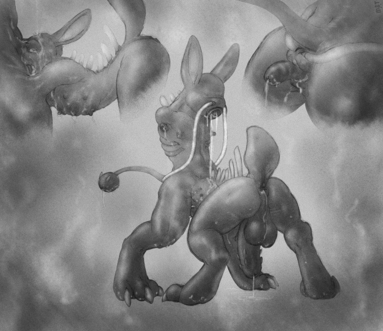asphyxiation backsack balls bodily_fluids butt digital_media_(artwork) drooling duo e621 genitals glistening half-erect lagomorph leporid male male/male mammal merging monochrome mot nightmare_fuel penile_spines penis rabbit saliva tail transformation tube