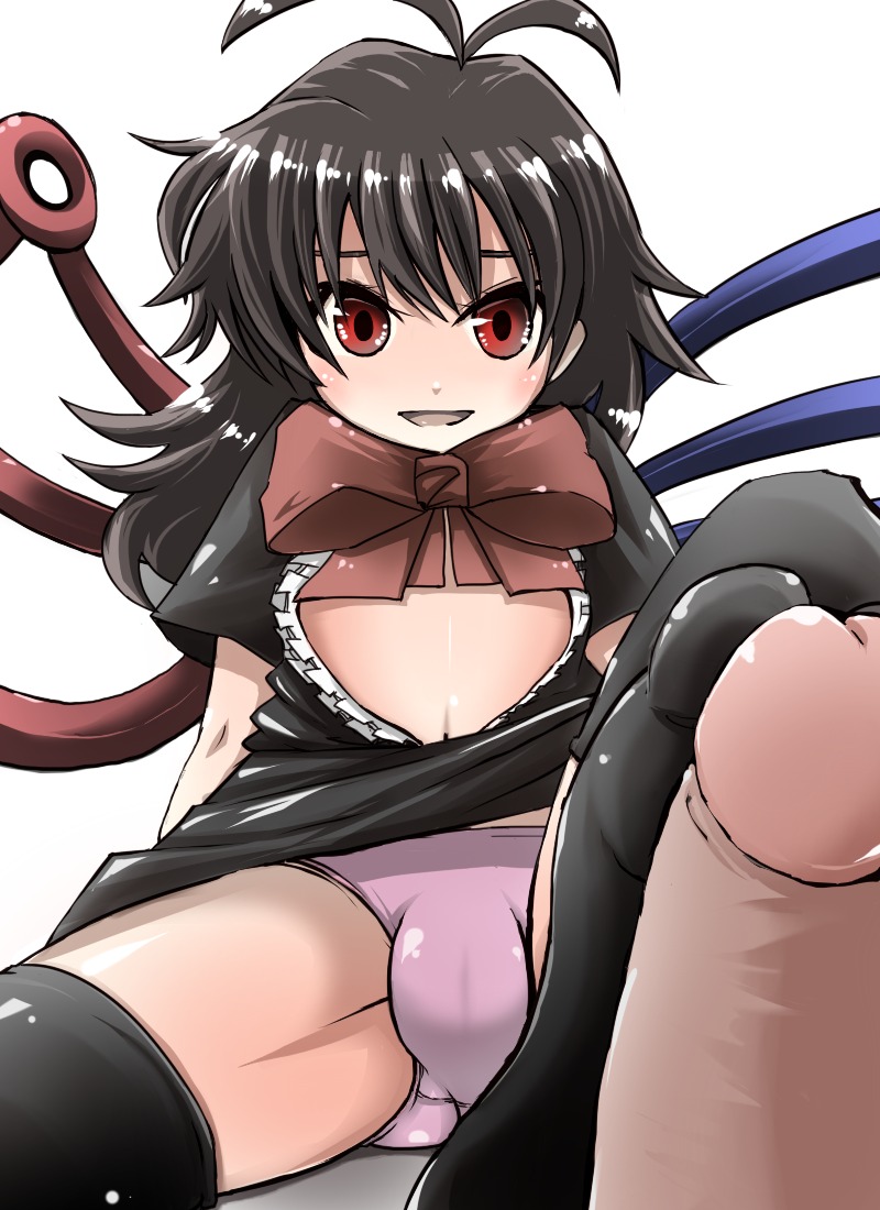 ambiguous_gender black_hair female footjob male nue_houjuu red_eyes rule34 tagme touhou