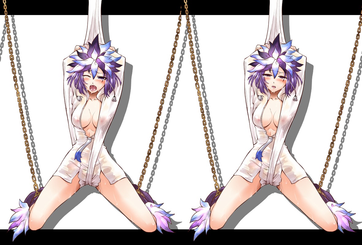 1girls alternate_costume arms_up blush bondage chains clothing devil_survivor_(series) devil_survivor_1 empty_eyes feathers female headdress kuzuryuu_amane purple_eyes purple_hair rule34 segami_daisuke tears