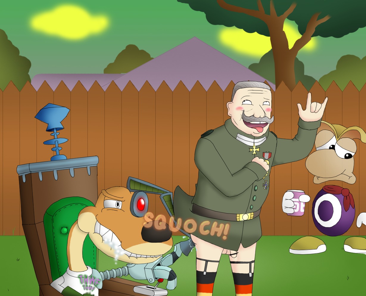 3boys censored conker's_bad_fur_day crossover detailed_background flag_print gay german_flag human male male_only moustache mustelid musteline paul_von_hindenburg penis professor_von_kriplespac rayman rayman_(series) rule34 small_penis soda_can tree true_musteline video_games weasel yaoi