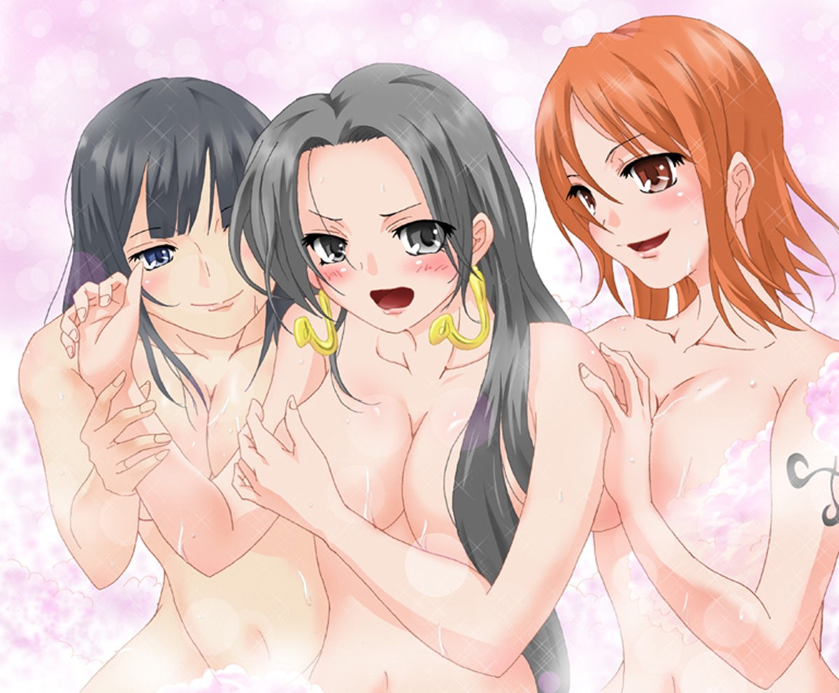 3girls arm_tattoo artist_request big_breasts black-haired_female black_hair black_tattoo blue_eyes boa_hancock breasts brown_eyes female female_only human long_hair multiple_females multiple_girls nami_(one_piece) navel nico_robin nude one_piece orange-haired_female orange_hair pre-timeskip rule34 short_hair straight_hair tattoo yuri