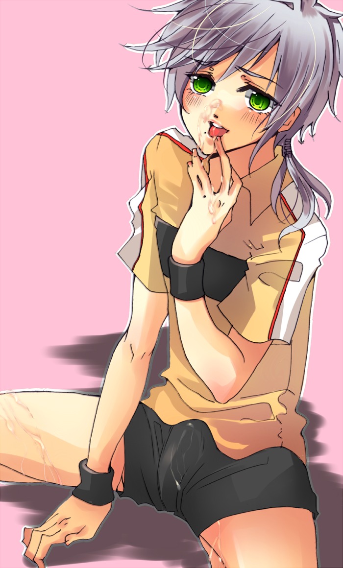 1boy blush bulge cum cum_in_mouth cum_on_body cum_on_boy cum_on_face erection femboy gay girly green_eyes grey_hair male male_only niou_masaharu penis prince_of_tennis rule34 tagme white_hair yaoi