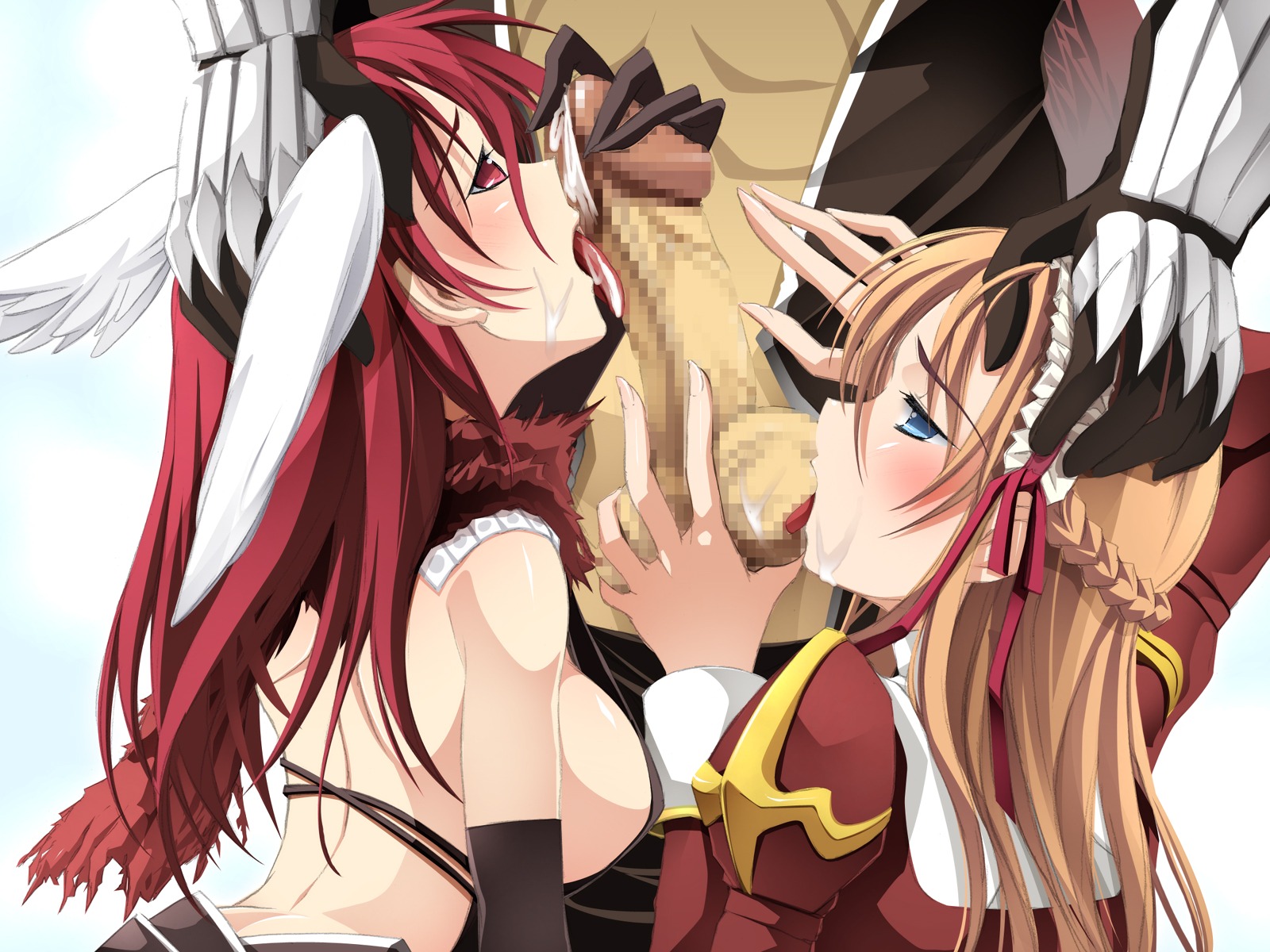 1boy 2girls blue_eyes breasts censored clothing cum female high_priest kyoro_(cothurnus) male medium_breasts oral_sex ragnarok_online red_eyes red_hair rule34 threesome