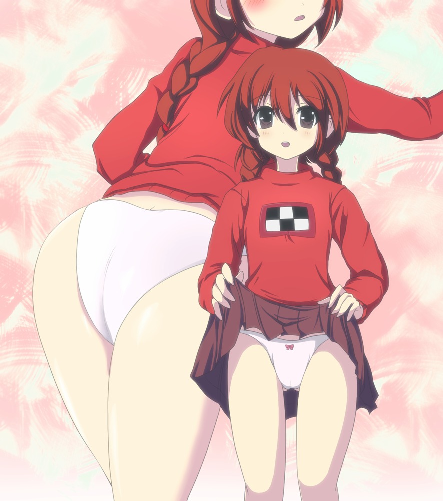 braid brown_eyes female long_hair madotsuki panties red_hair rule34 skirt skirt_lift solo twin_braids underwear xjr1250 yume_nikki