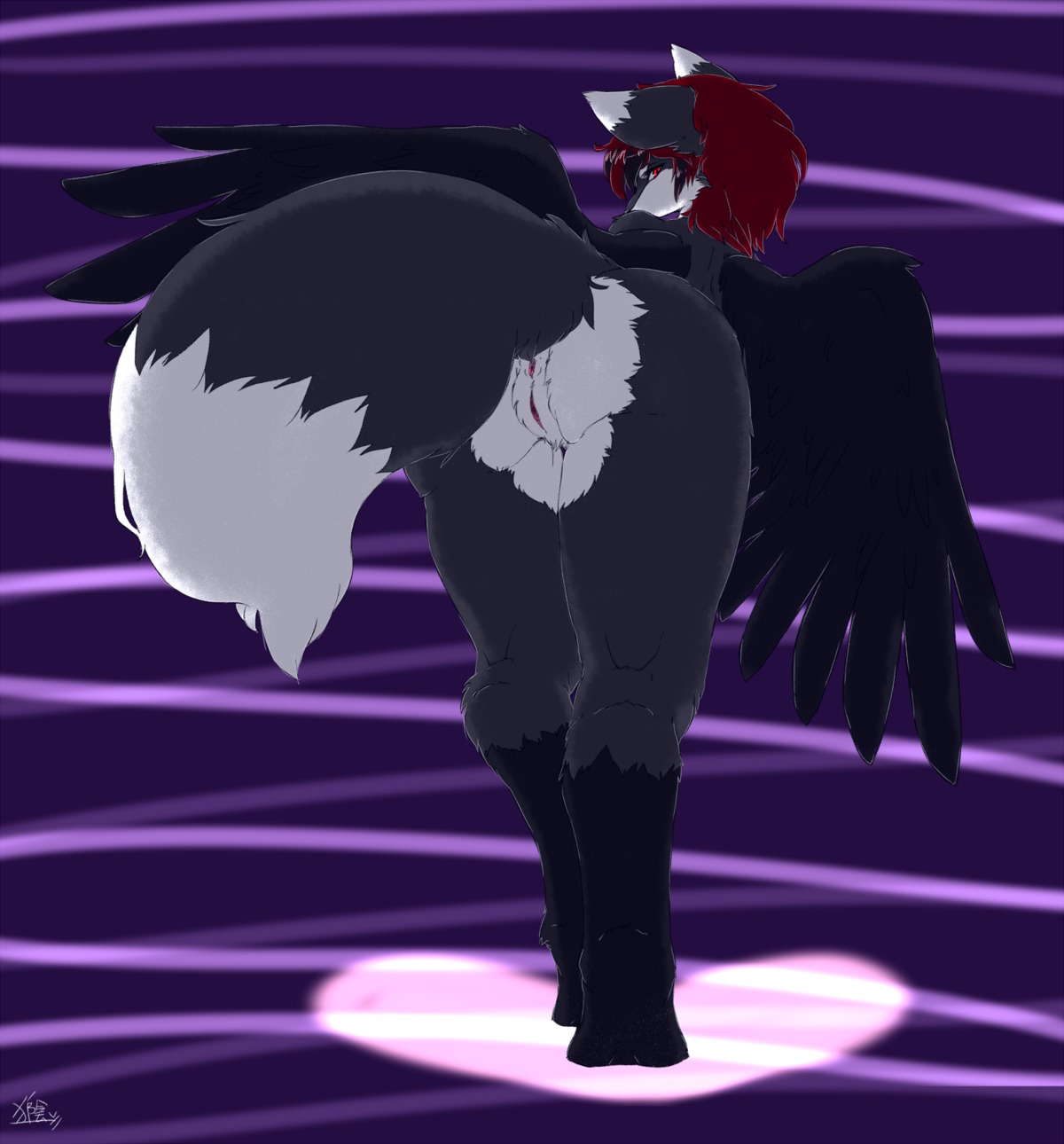 abstract_background anthro anus big_butt biped butt canid canine countershading e621 feathered_wings feathers feet female fluffy fluffy_tail fox fur genitals grey_body grey_fur hair heart_symbol hi_res hindpaw ingi ingi_(character) looking_at_viewer looking_back mammal paws presenting rear_view red_eyes red_hair simple_background soles solo stripes tail teasing vulva walking wings