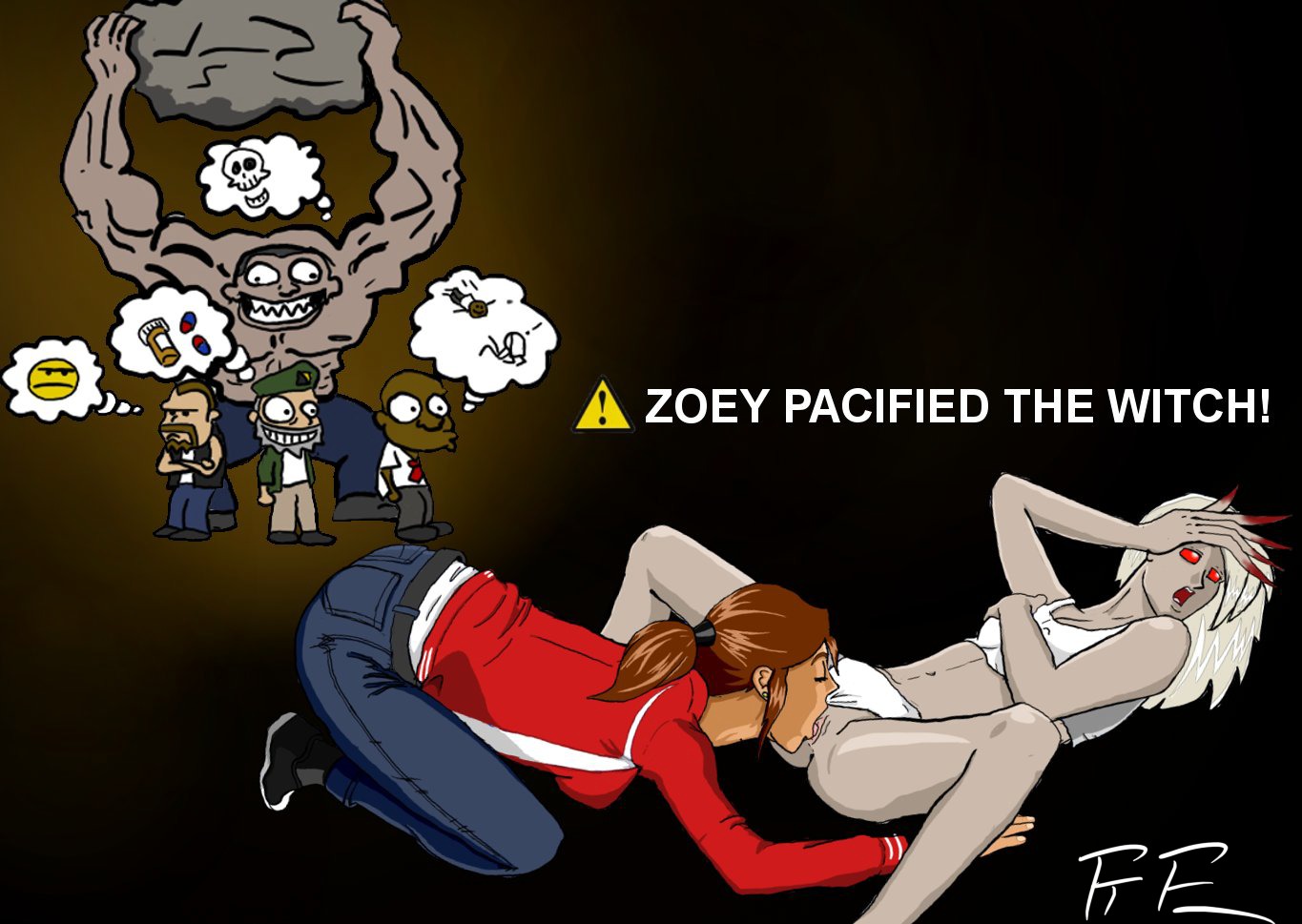 2d 2girls 4boys ass bill_(left_4_dead) boulder breasts cunnilingus english_text erect_nipples female female_focus francis_(left_4_dead) ftfe human human_female human_male imminent_death large_ass left_4_dead left_4_dead_(series) louis_(left_4_dead) male male_with_female male_with_male medium_breasts monster_girl multiple_boys multiple_females multiple_girls multiple_males muscular muscular_male nipple_bulge nipples oral oral_sex panties parody rock rule34 sex tank_(left_4_dead) text thought_bubble witch_(left_4_dead) yuri zoey_(left_4_dead) zombie zombie_boy zombie_girl