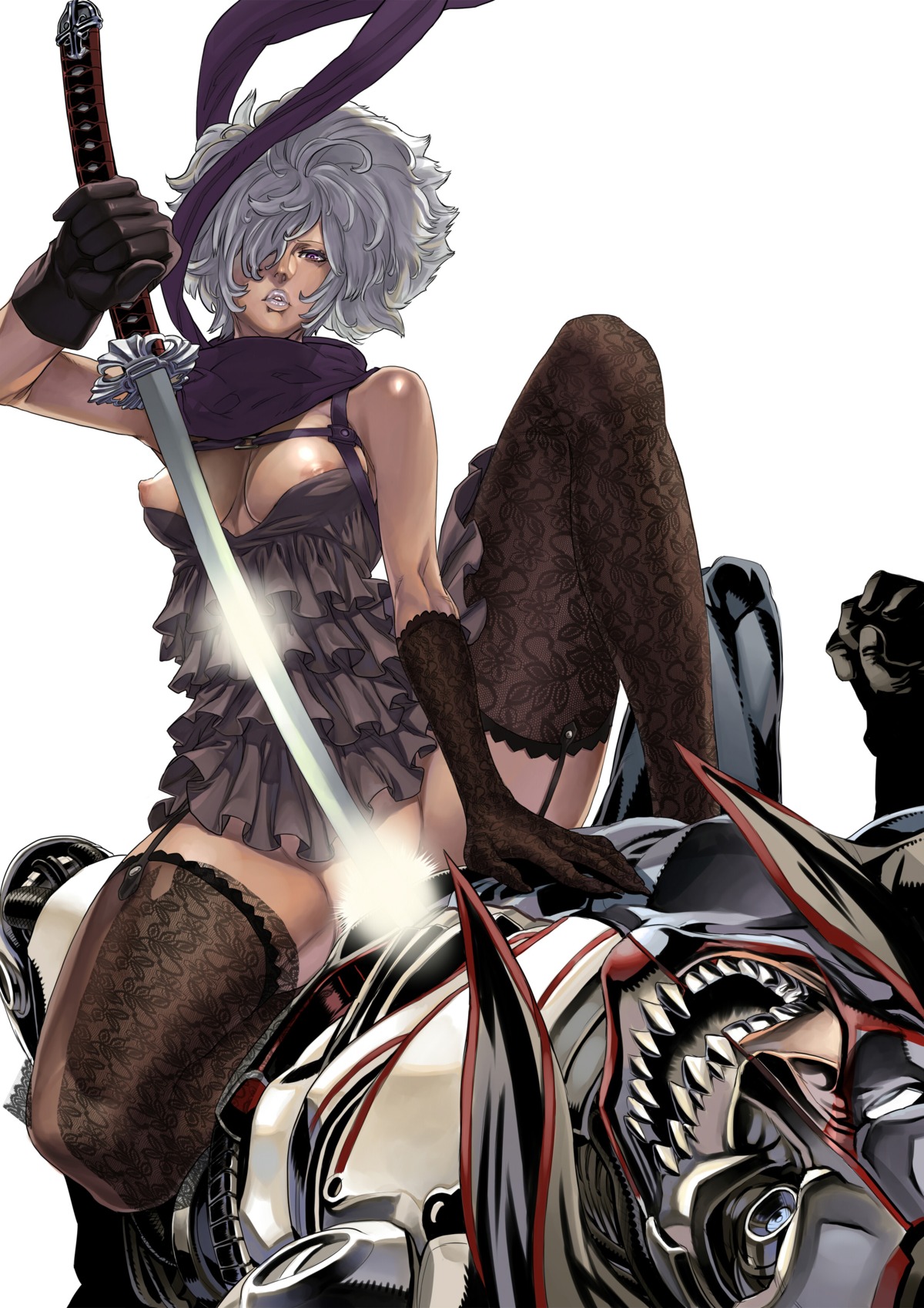 breasts dark-skinned_female dark_skin elbow_gloves female femdom garter_belt hair_over_one_eye katana new_destroyman ninja nipple_slip nipples no_more_heroes rule34 scarf shinobu_jacobs simple_background straddle zunta
