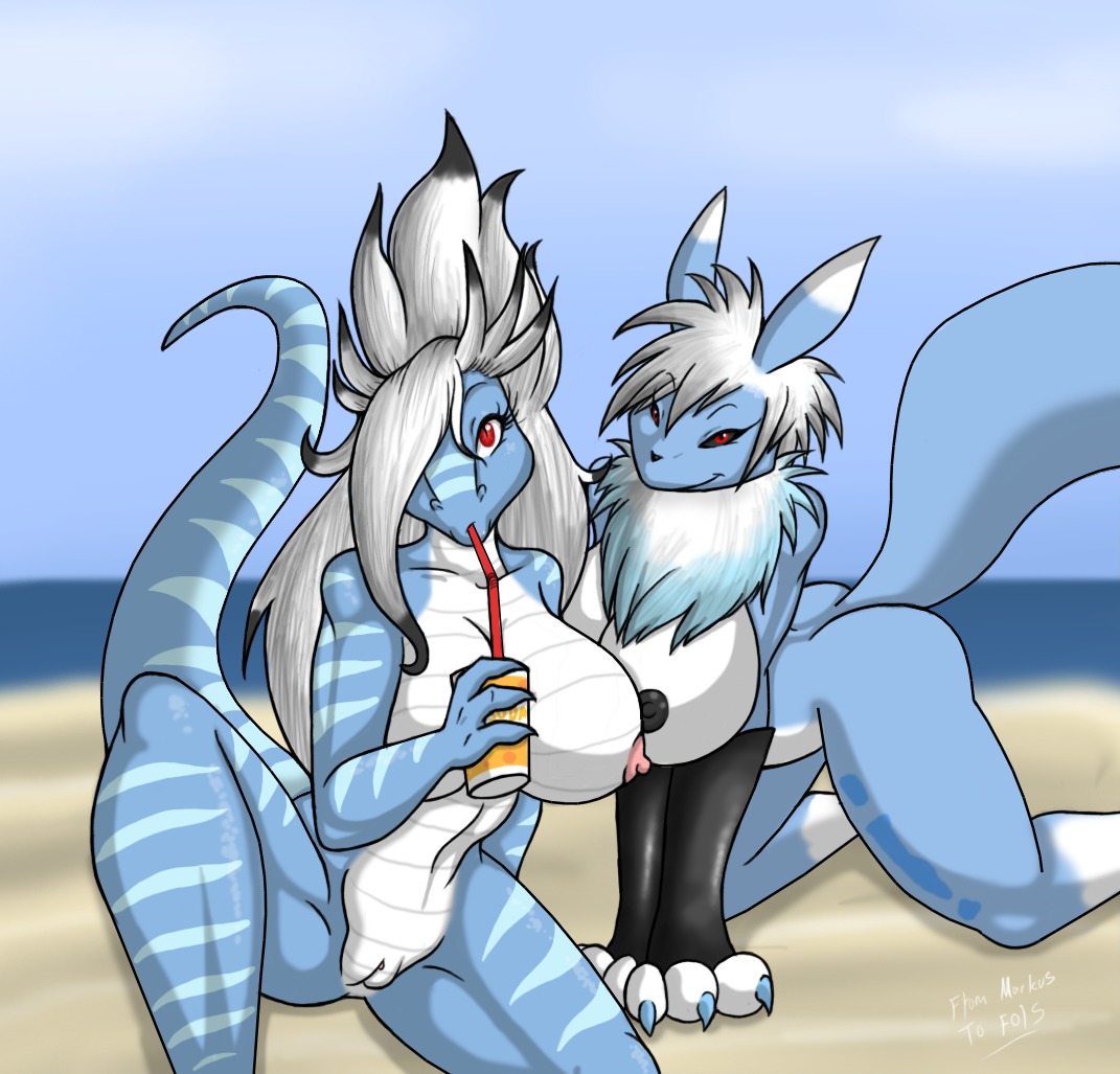 all_fours alternate_color anthro bandai_namco beach big_breasts black_sclera breasts canid canine chest_tuft cloud day digimon digimon_(species) duo e621 fan_character female fols fur genitals hair hair_over_eye huge_breasts long_hair looking_at_viewer lordstevie mammal nipples non-mammal_breasts non-mammal_nipples nude one_eye_obstructed outside red_eyes renamon reptile scales scalie seaside short_hair sky stripes tail tuft ventral_scales verin_asper vulva white_body white_fur white_hair white_scales
