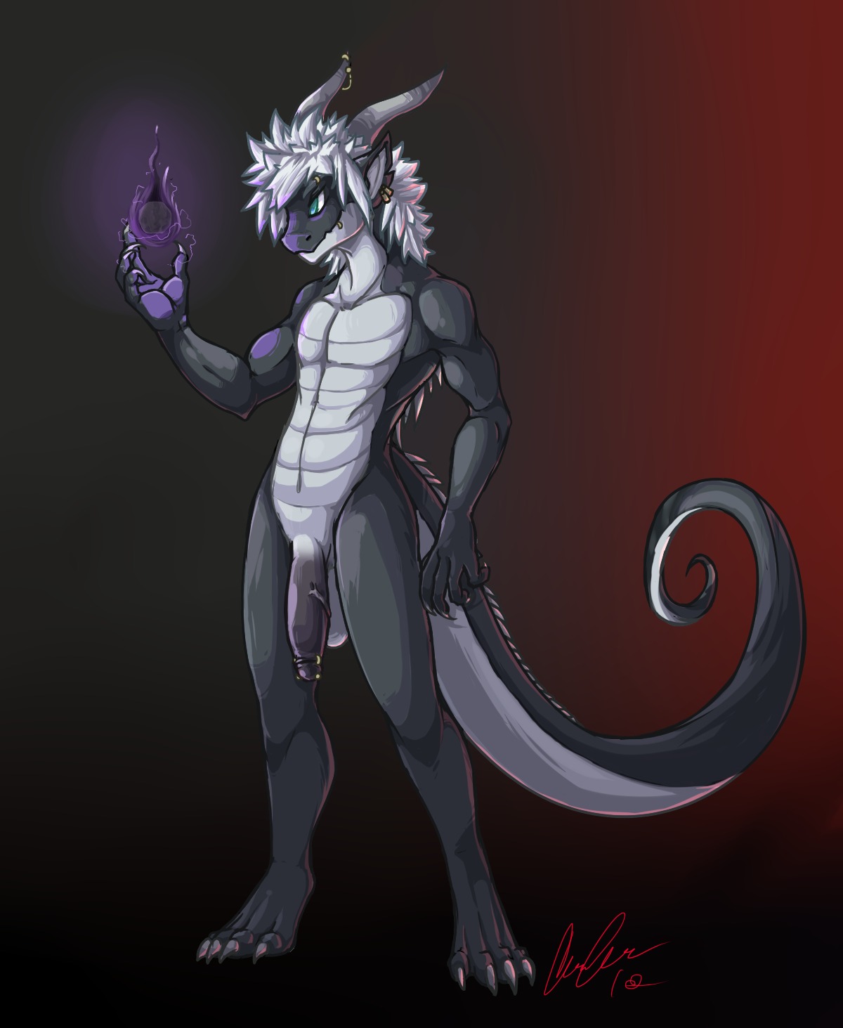 4_toes 5_fingers anthro balls biped black_background black_body claws countershading dragon e621 ear_piercing ear_ring erix_dragon eyebrow_piercing eyebrow_ring facial_piercing feet fingers flaccid furgonomic_piercing furgonomics genital_piercing genitals glans_piercing gradient_background grey_body grey_hair hair hi_res horn horn_piercing horn_ring_(piercing) humanoid_genitalia humanoid_penis keishinkae lip_piercing lip_ring magic magic_user male multiple_piercings mythological_creature mythological_scalie mythology nipple_piercing nipple_ring nipples non-mammal_balls nude penis penis_piercing piercing raised_arm red_background ring_piercing scalie simple_background solo standing tail teal_eyes toes white_hair