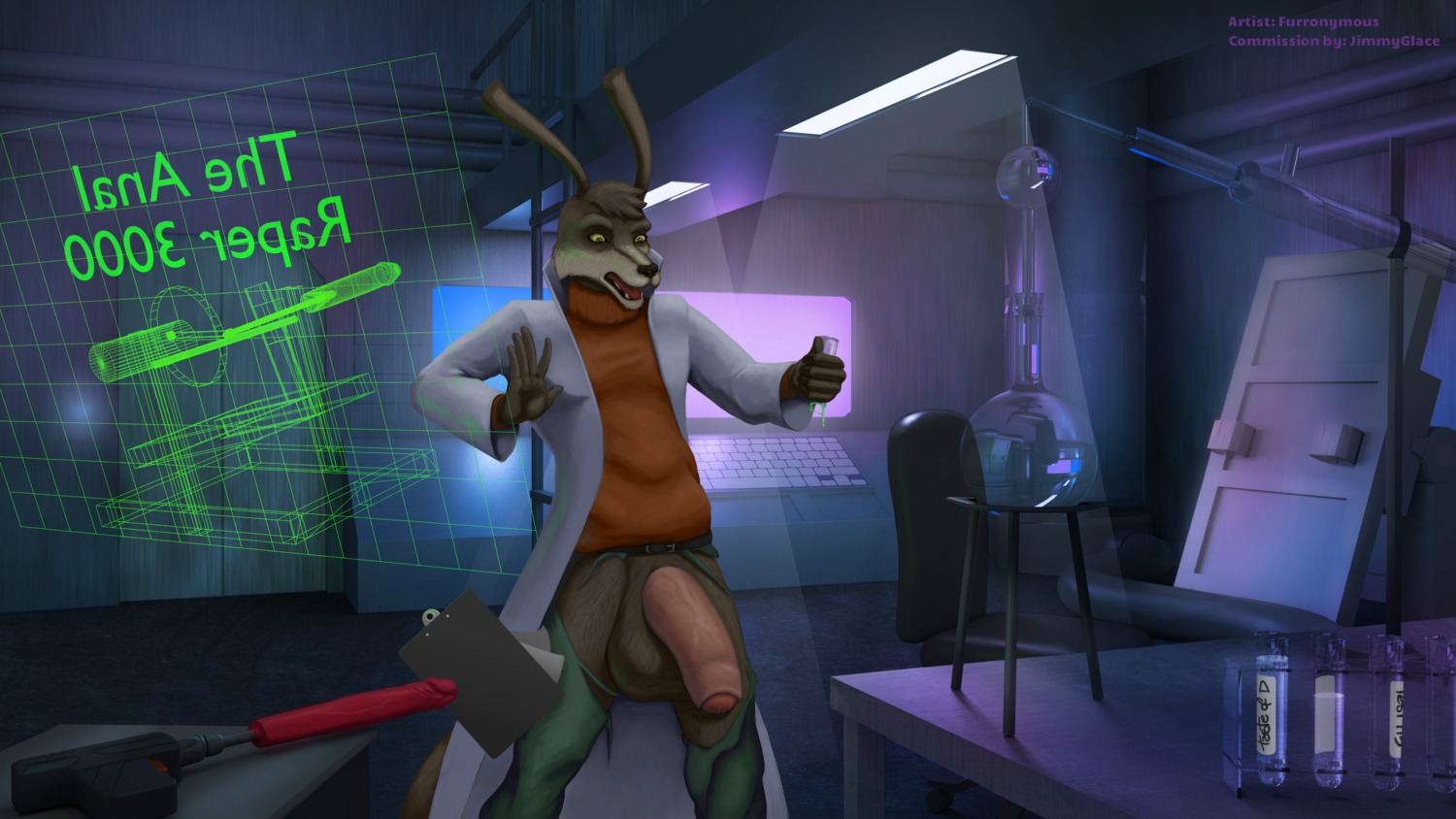 anthro balls big_balls big_penis canid canine canis coyote duo e621 erection foreskin furronymous genitals hi_res humanoid_genitalia humanoid_penis hyper loonatics_unleashed looney_tunes male mammal partially_retracted_foreskin penis science smaller_version_at_source standing tech_e._coyote warner_brothers