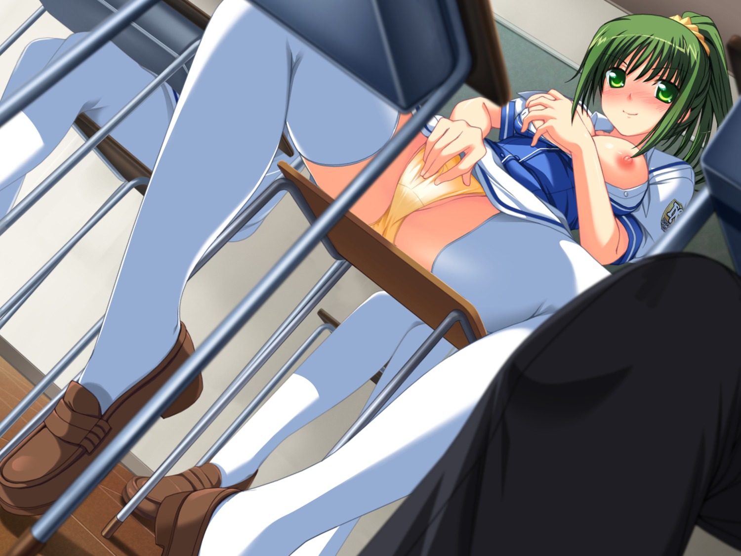 blush breasts clothed_masturbation clothing female game_cg green_hair hoshizuki_akira large_breasts masturbation nipples panties rule34 seifuku soushinjutsu_3 soushinjutsu_rei stockings thighhighs underwear