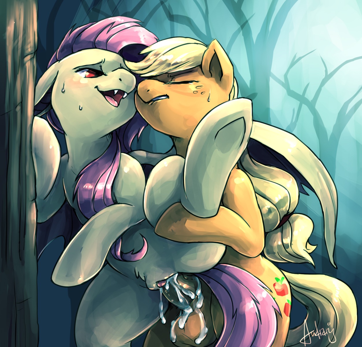2014 applejack_(mlp) audrarius balls bat_pony blonde_hair blush bodily_fluids clitoris cum cum_in_vagina cum_inside cum_on_balls cum_on_penis cutie_mark digital_media_(artwork) duo e621 earth_pony equid equine erection eyes_closed fangs female female_penetrated feral flutterbat_(mlp) fluttershy_(mlp) freckles friendship_is_magic fur genital_fluids genitals gynomorph gynomorph/female gynomorph_penetrating gynomorph_penetrating_female hair hasbro hi_res horse hybrid intersex intersex/female intersex_penetrating intersex_penetrating_female long_hair mammal membrane_(anatomy) membranous_wings my_little_pony nude open_mouth orange_body orange_fur outside penetration penile penile_penetration penis penis_in_vagina pink_hair pony red_eyes sex sweat teeth vaginal vaginal_penetration vulva wings yellow_body yellow_fur