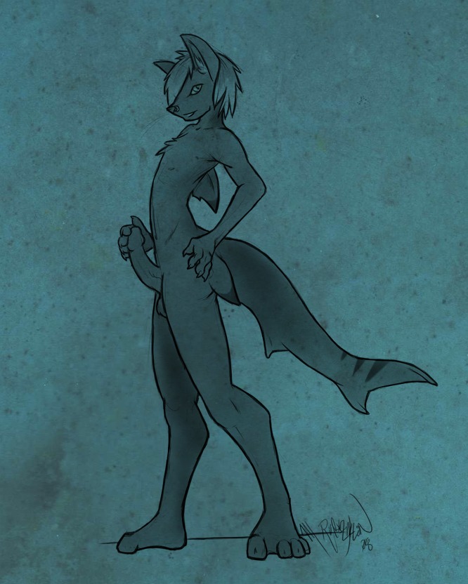 anthro aquatic balls black_body domestic_cat dorsal_fin e621 erection facial_piercing felid feline felis fin fish genitals hybrid male mammal maou_(maou) nose_piercing nude penis piercing ruezyklon shark solo tail