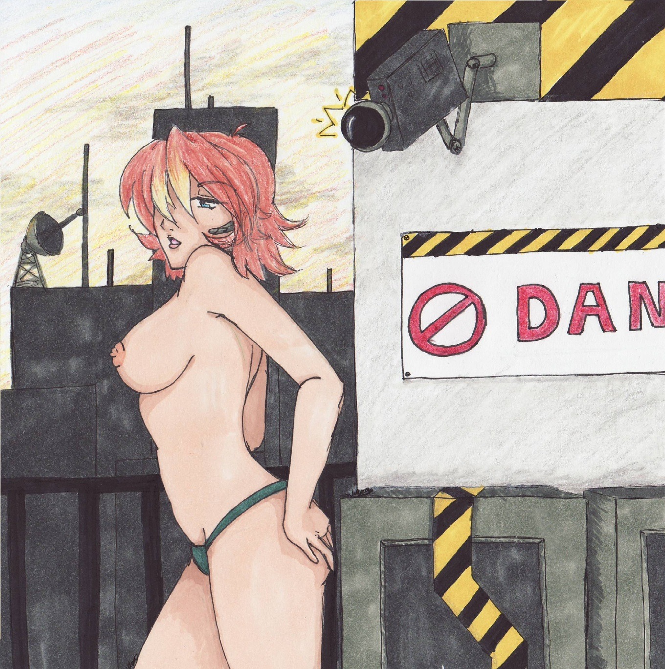 breasts clothing color earpiece female female_only human joanna_dark nipples pale_skin perfect_dark pointy_chin red_hair rule34 security_camera side_view solo standing tagme vampiric-wolf