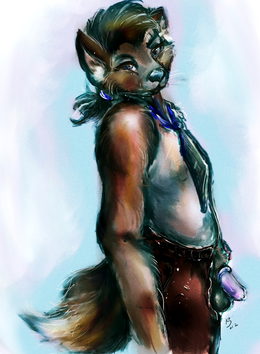 2012 anthro biped black_hair brown_body brown_fur canid canine canis dlost domestic_dog e621 fur genitals hair half-erect hi_res looking_at_viewer male mammal penis solo tail