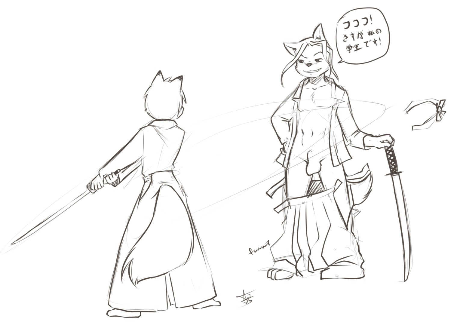 2013 animal_genitalia anthro aogami balls canid canine canis clothing costume duo e621 fox fully_sheathed genitals halloween hi_res holidays japanese_text male mammal melee_weapon samurai sheath sword tail text translated tycloud warrior weapon wolf young young_anthro