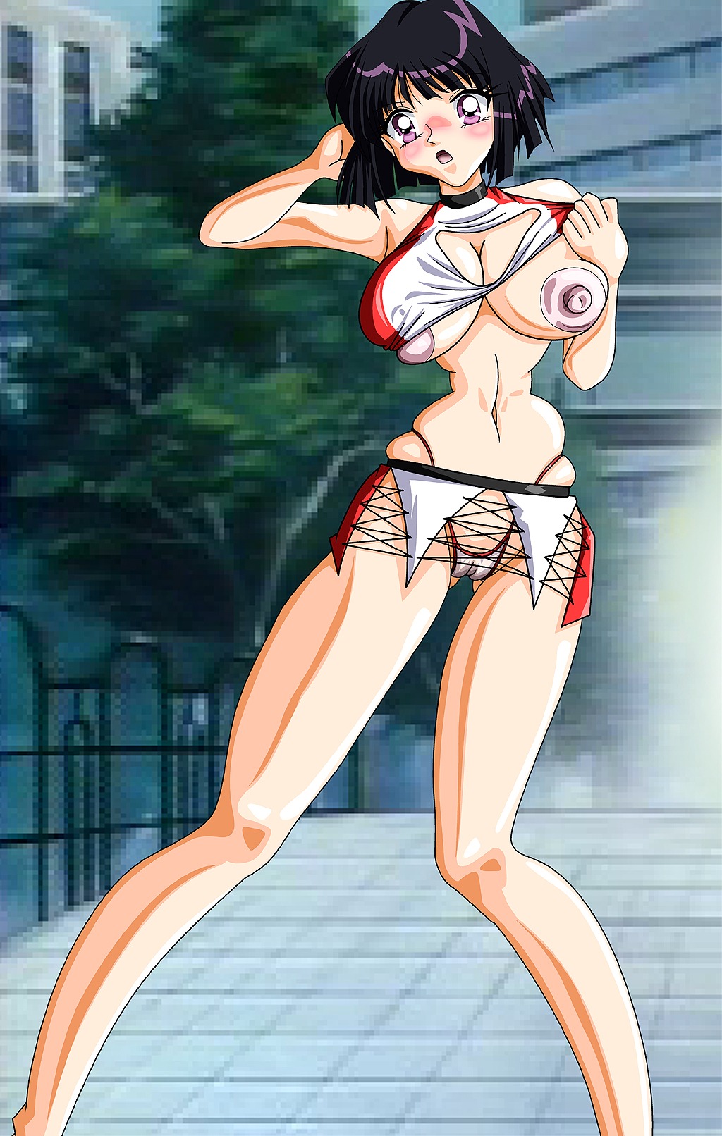 bikabika bishoujo_senshi_sailor_moon breasts clothing female female_only hotaru_tomoe large_breasts one_breast_out panties purple_eyes purple_hair rule34 short_hair skirt solo tagme