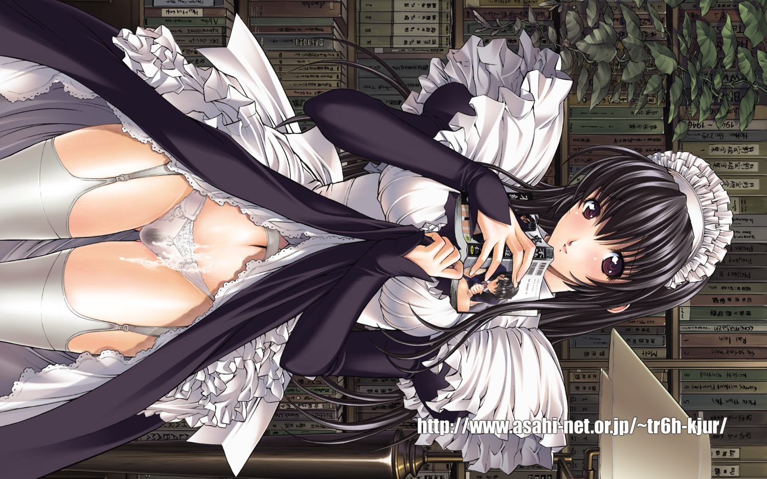cum dress dress_lift female highres kino_hitoshi legwear maid original panties pubic_hair rule34 see-through skirt skirt_lift solo stockings thighhighs underwear wallpaper