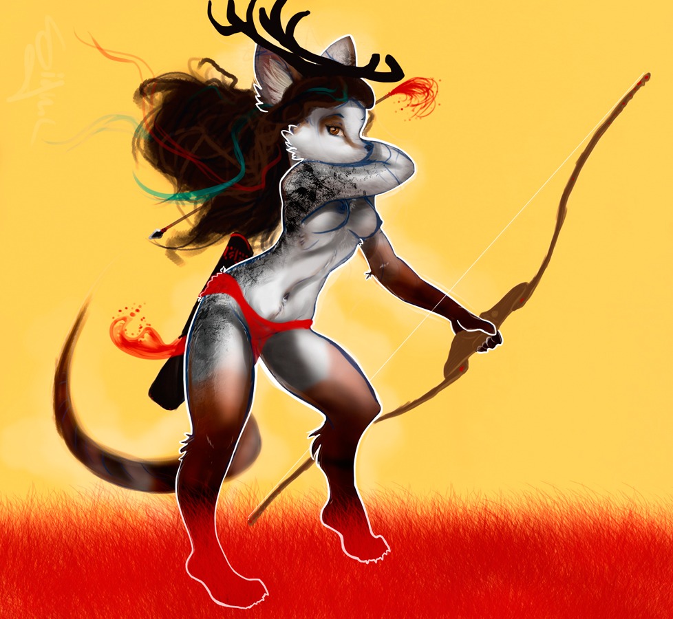 anthro antlers arrow_(weapon) bow_(weapon) breasts clothed clothing e621 female holding_object holding_weapon horn hunter quiver_(object) ranged_weapon sig-nal skimpy solo tail topless unknown_species weapon
