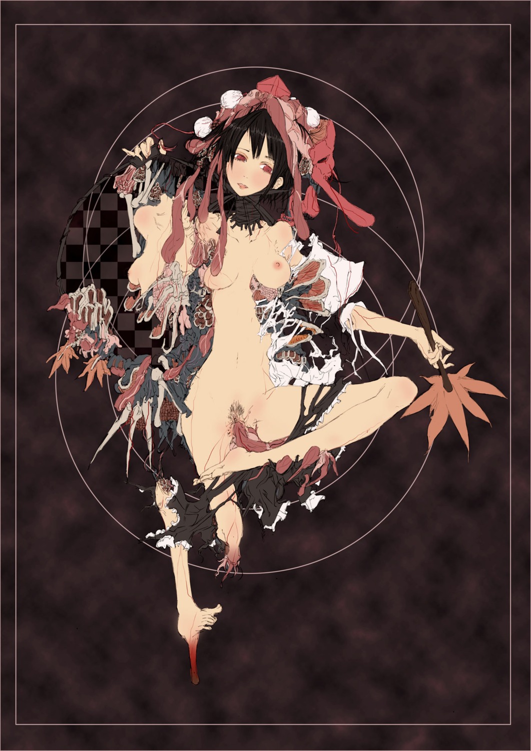 1girls amputated_leg amputation amputee bent_legs black_background black_hair blush bone breasts breasts_out elegant empty_eyes exposed_organs exposed_pussy facing_viewer fan female female_only gore guro hairy_pussy hat headgear highres holding_fan holding_object internal_organs leg_up looking_away looking_down mask medium_breasts missing_leg naked on_back open_wound pink_nipples pose prolapsed_pussy pussy red_eyes rib:y_(uhki) rule34 severed_torso shameimaru_aya solo tengu_mask tokin_hat torn_clothes touhou uncensored unshaved_pussy