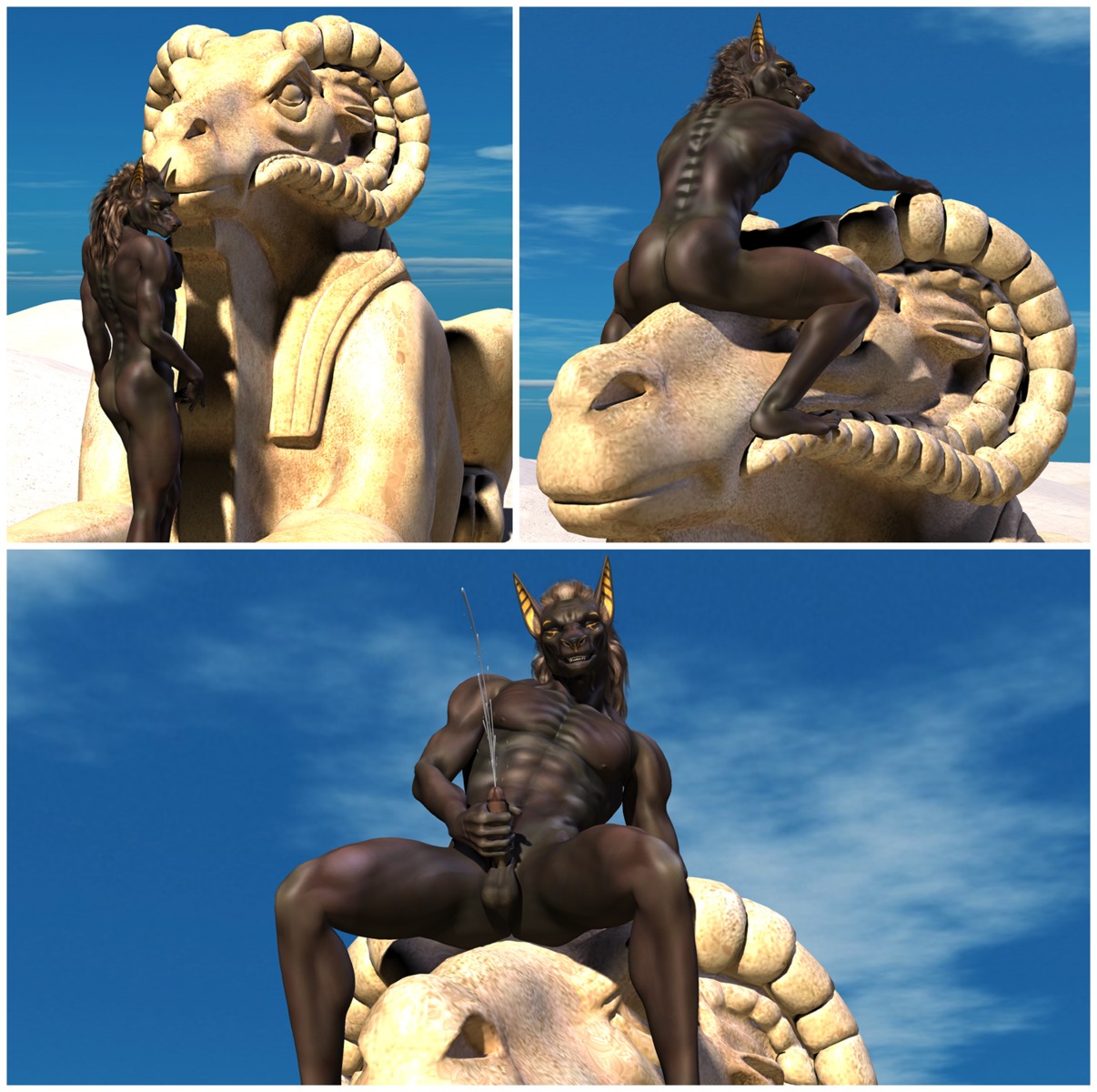 3d_(artwork) anthro anubian_jackal anubis balls biped bodily_fluids border butt canid canine canis cum cumshot day deity digital_media_(artwork) e621 egyptian egyptian_mythology ejaculation erection feet felid genital_fluids genitals hair hi_res humanoid_feet humanoid_genitalia humanoid_penis jackal long_hair male mammal masturbation middle_eastern_mythology muscular muscular_anthro muscular_male mythological_creature mythological_sphinx mythology nude orgasm outside penile penile_masturbation penis plantigrade sculpture sky solo source_request sphinx_(sculpture) statue white_border wooky