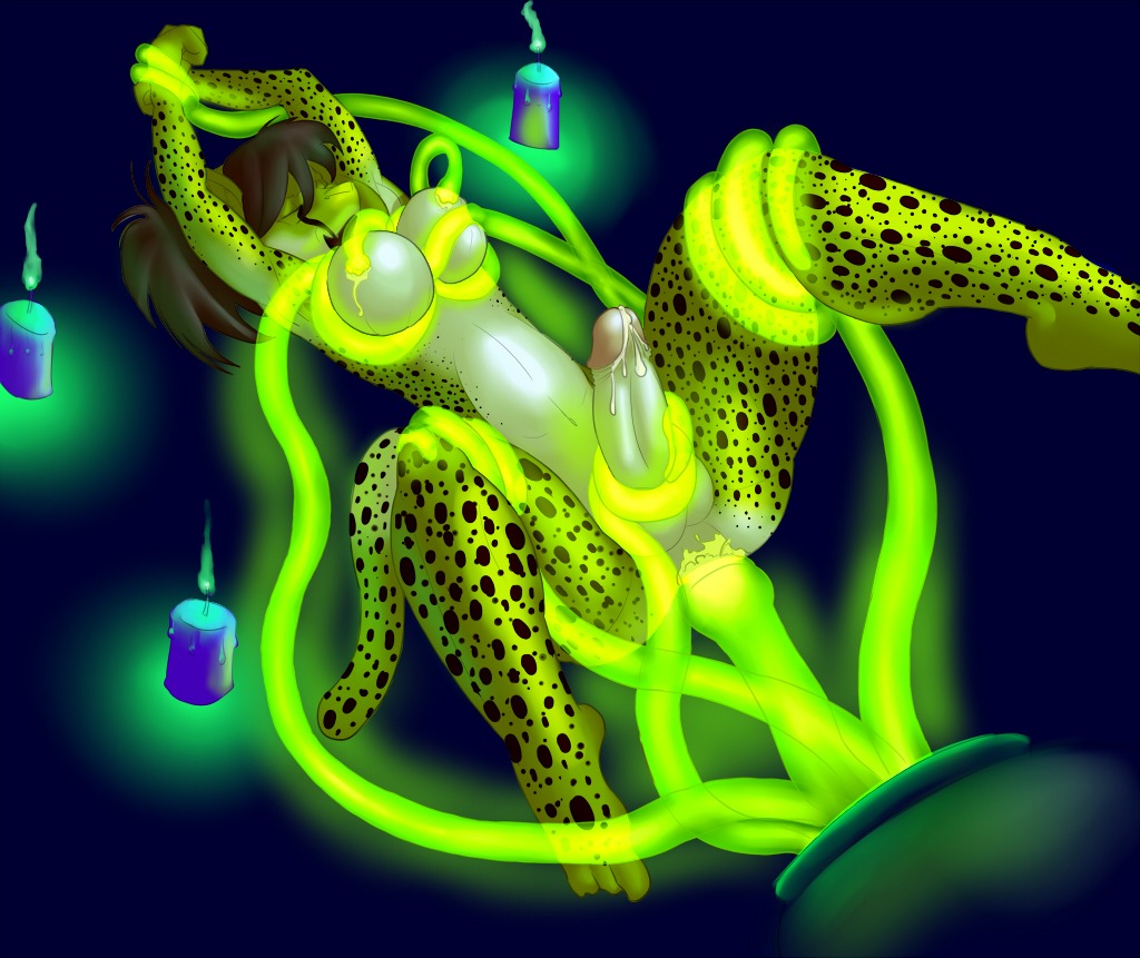 anal anal_penetration anthro arm_grab balls bioluminescence biped black_hair bodily_fluids breast_grab breasts candle cauldron cheetah cum e621 erection felid feline fire front_view fully_restrained genital_fluids genitals glowing glowing_tentacles gynomorph gynomorph_penetrated hair hand_on_breast humanoid_genitalia humanoid_penis intersex intersex_penetrated lactating leg_grab letterbox lying magic magical_binding mammal milking_tentacles monkidancing nude on_back penetration penis restrained ritual sabel solo spots summoning tail tentacles translucent translucent_tentacles