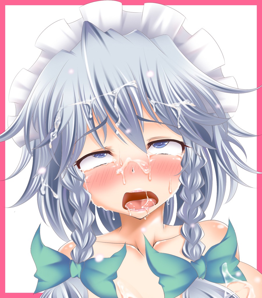 ahe_gao aono_yami blue_eyes blush braid cum facial female rule34 sakuya_izayoi silver_hair touhou twin_braids