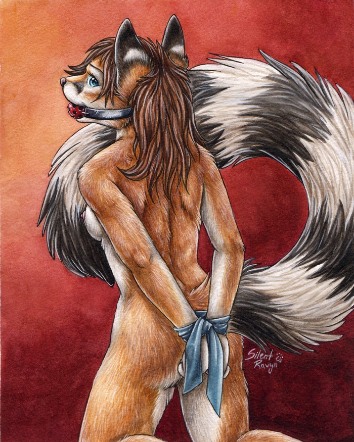 2010 4:5 anthro arms_tied ball_gag biped black_body black_fur blue_eyes bound breasts brown_hair countershading e621 ears_front female fur gag gagged genet hair hands_behind_back kneeling looking_at_viewer looking_back mammal markings nude orange_body orange_fur rear_view ring_(marking) ringed_tail side_boob silentravyn solo striped_markings striped_tail stripes submissive submissive_female tail tail_markings traditional_media_(artwork) viverrid white_body white_fur