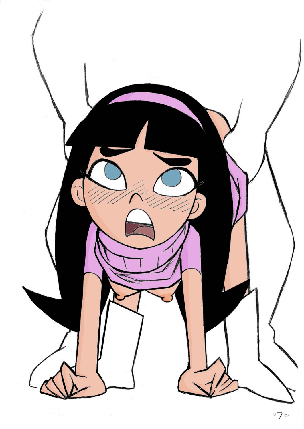 1boy 1girls all_fours areola asian black_hair blush boots breasts clothing doggy_style female front_view human male nickelodeon nipples pale_skin rule34 sex silhouette standing straight_hair tagme the_fairly_oddparents trixie_tang union_of_the_snake